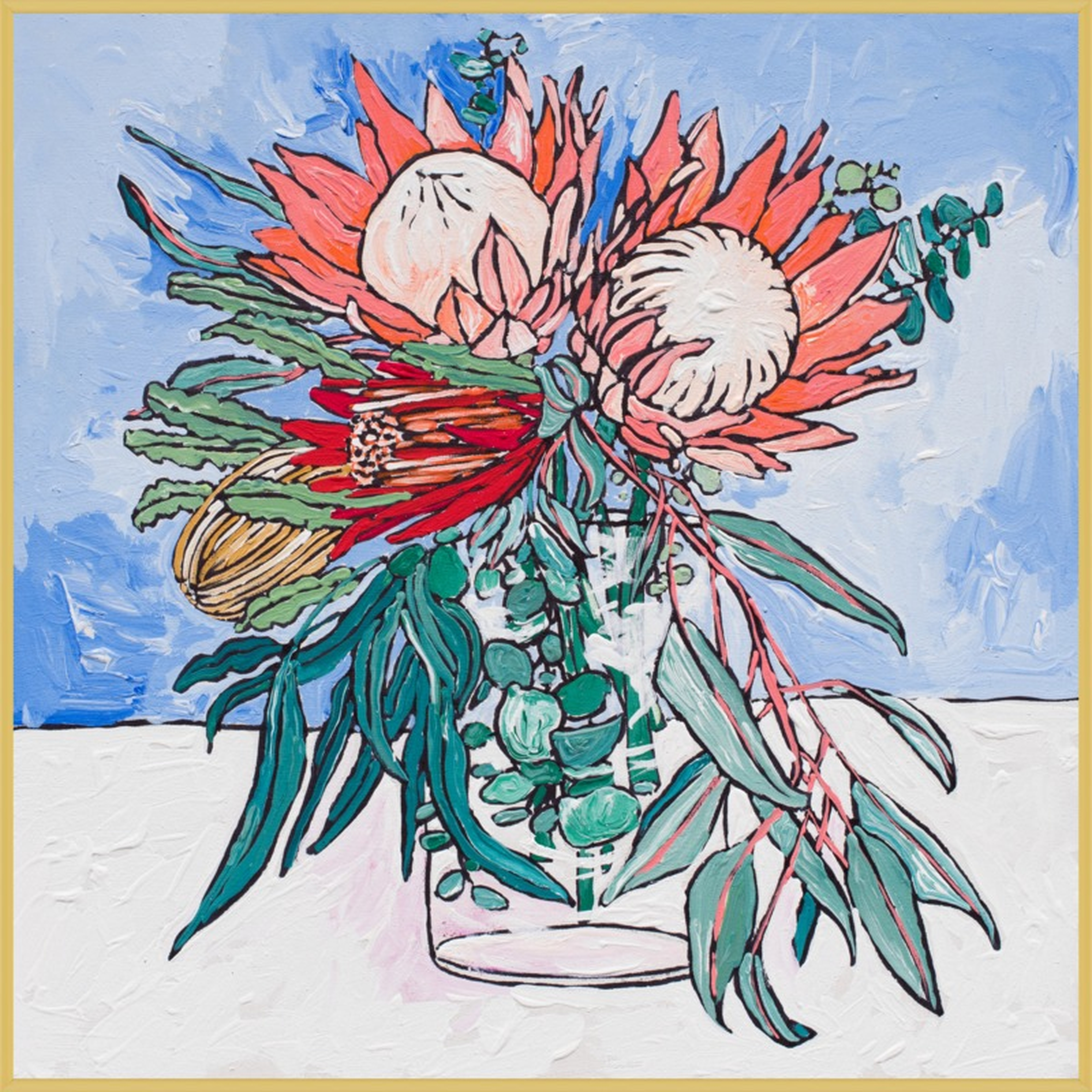 Protea and Banksia Bouquet on Blue - 24x24 - Artfully Walls