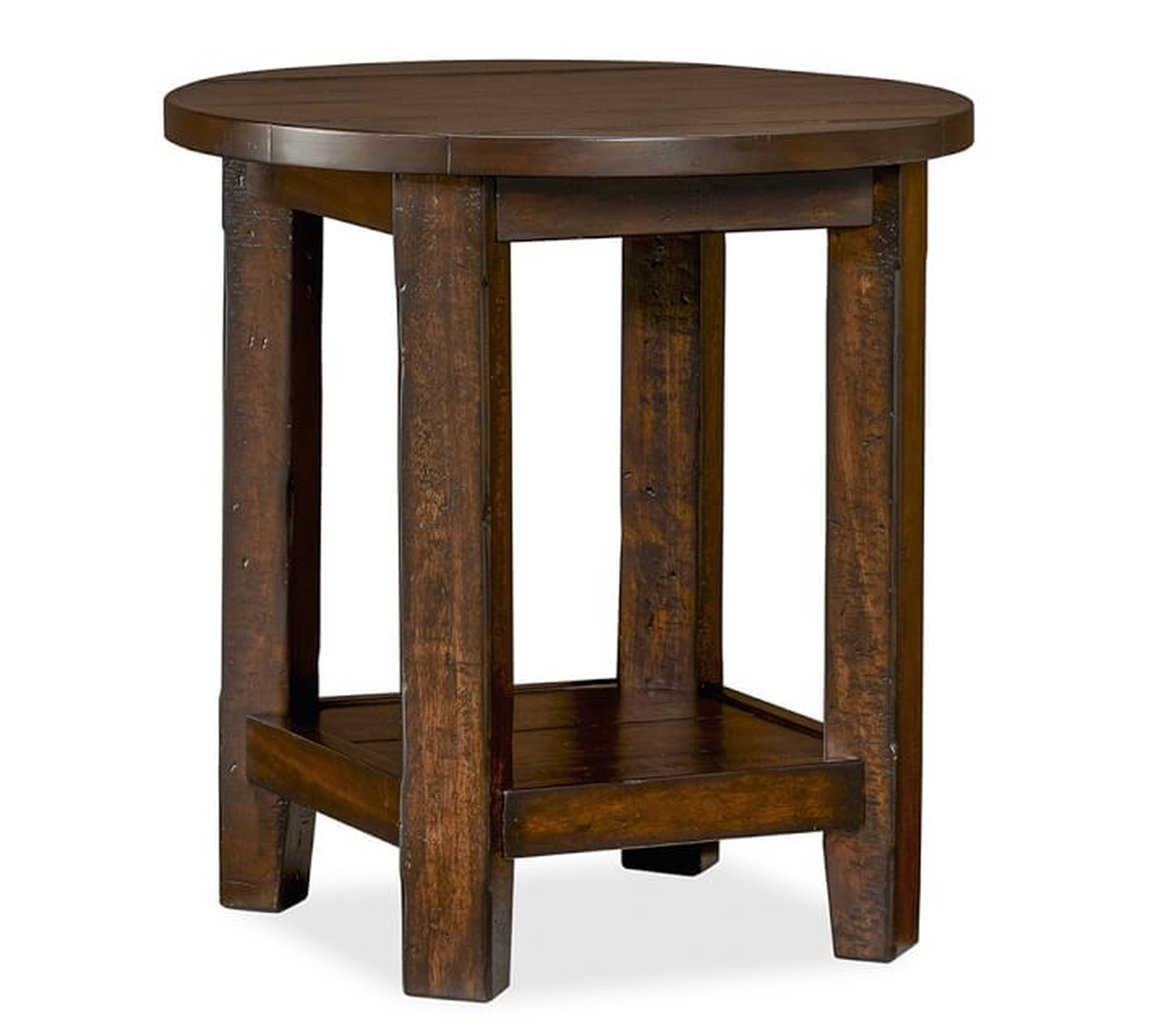 Benchwright 23" Round End Table, Rustic Mahogany - Pottery Barn
