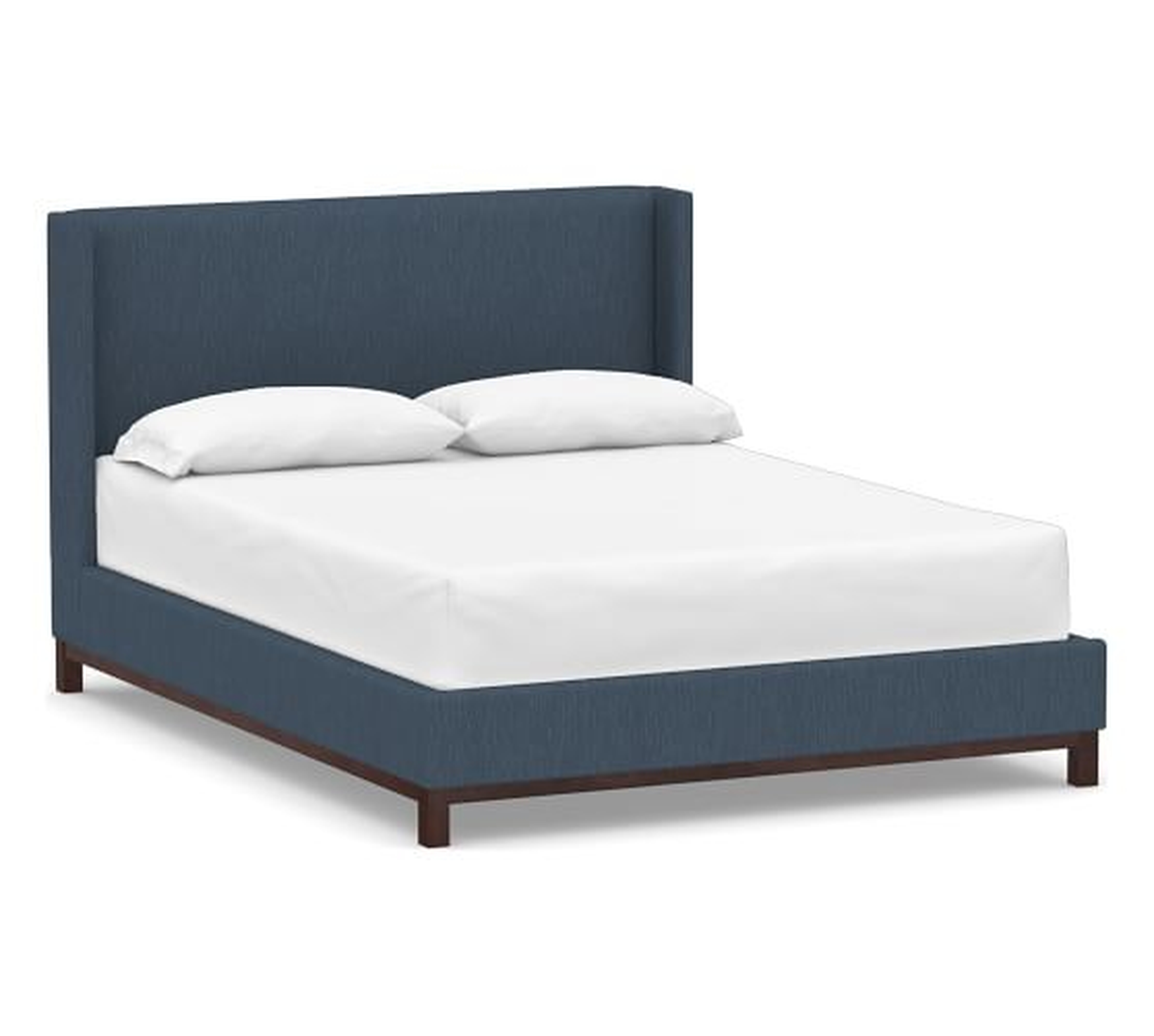 Jake Upholstered Bed with Mahogany Frame, Queen, Performance Heathered Tweed Indigo - Pottery Barn