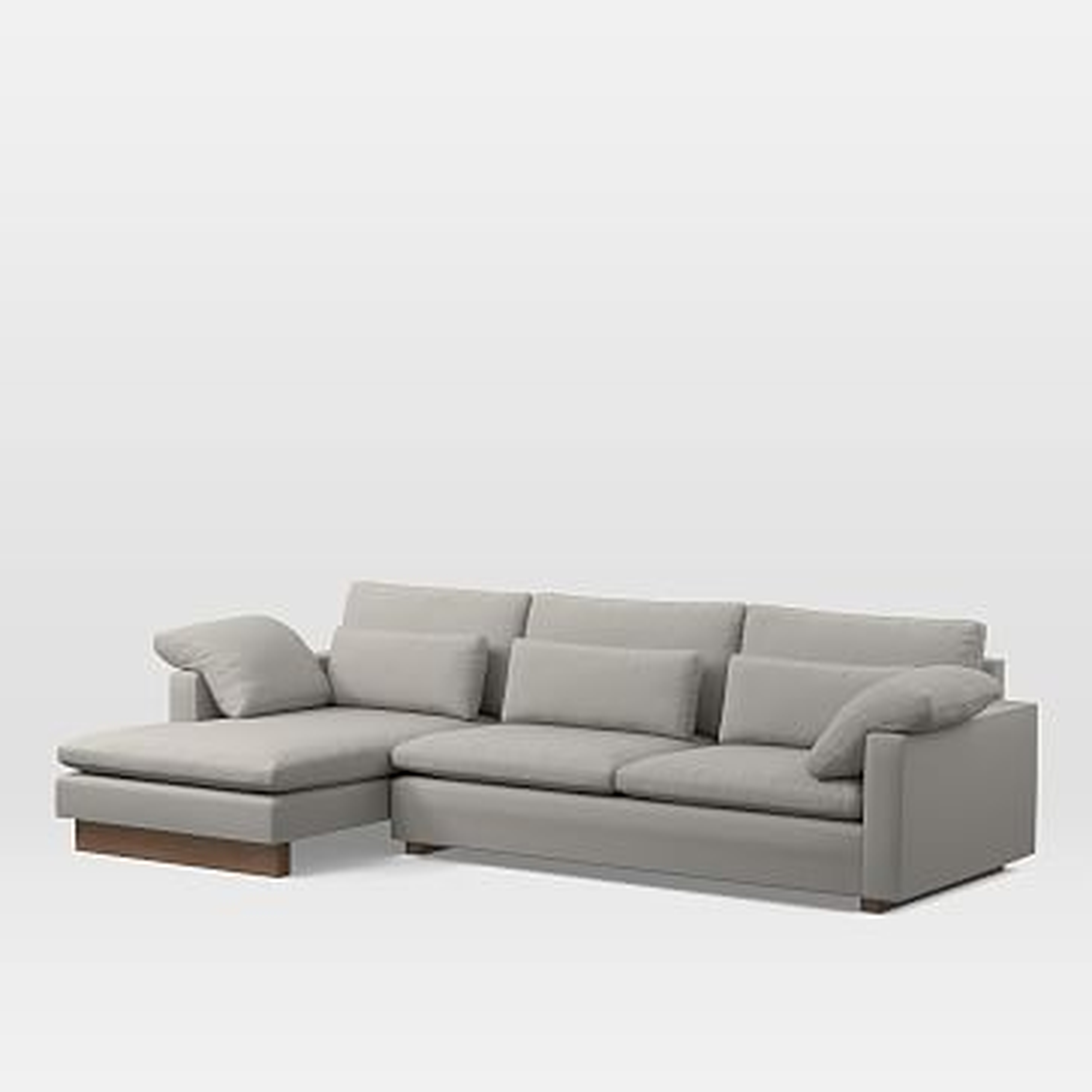 Harmony Sectional Set 10: Right Arm 2 Seater Sofa, Left Arm Chaise, Down Blend, Yarn Dyed Linen Weave, Frost Gray, Walnut - West Elm