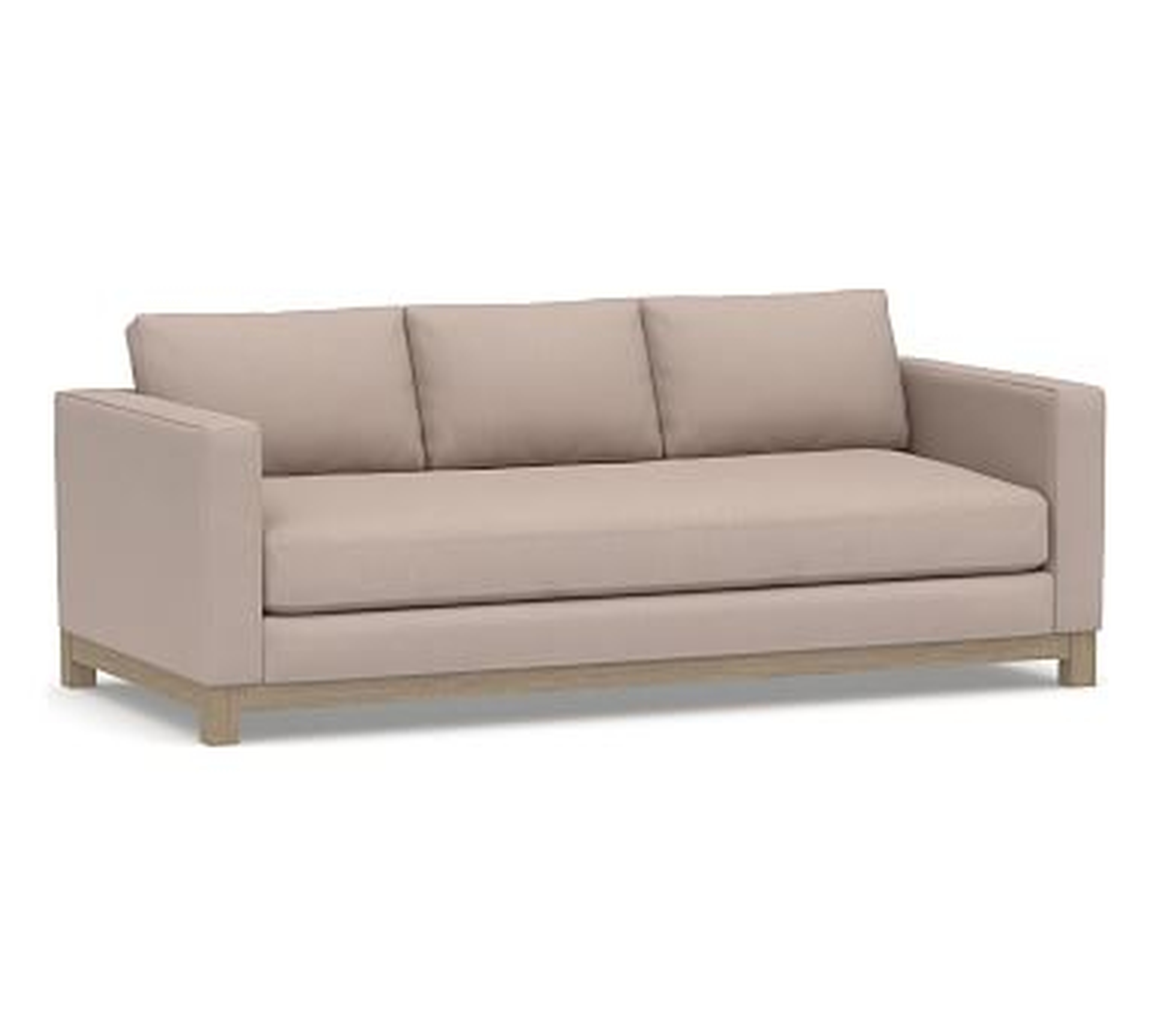 Jake Upholstered Sofa 85" with Wood Legs, Polyester Wrapped Cushions, Performance Heathered Tweed Desert - Pottery Barn