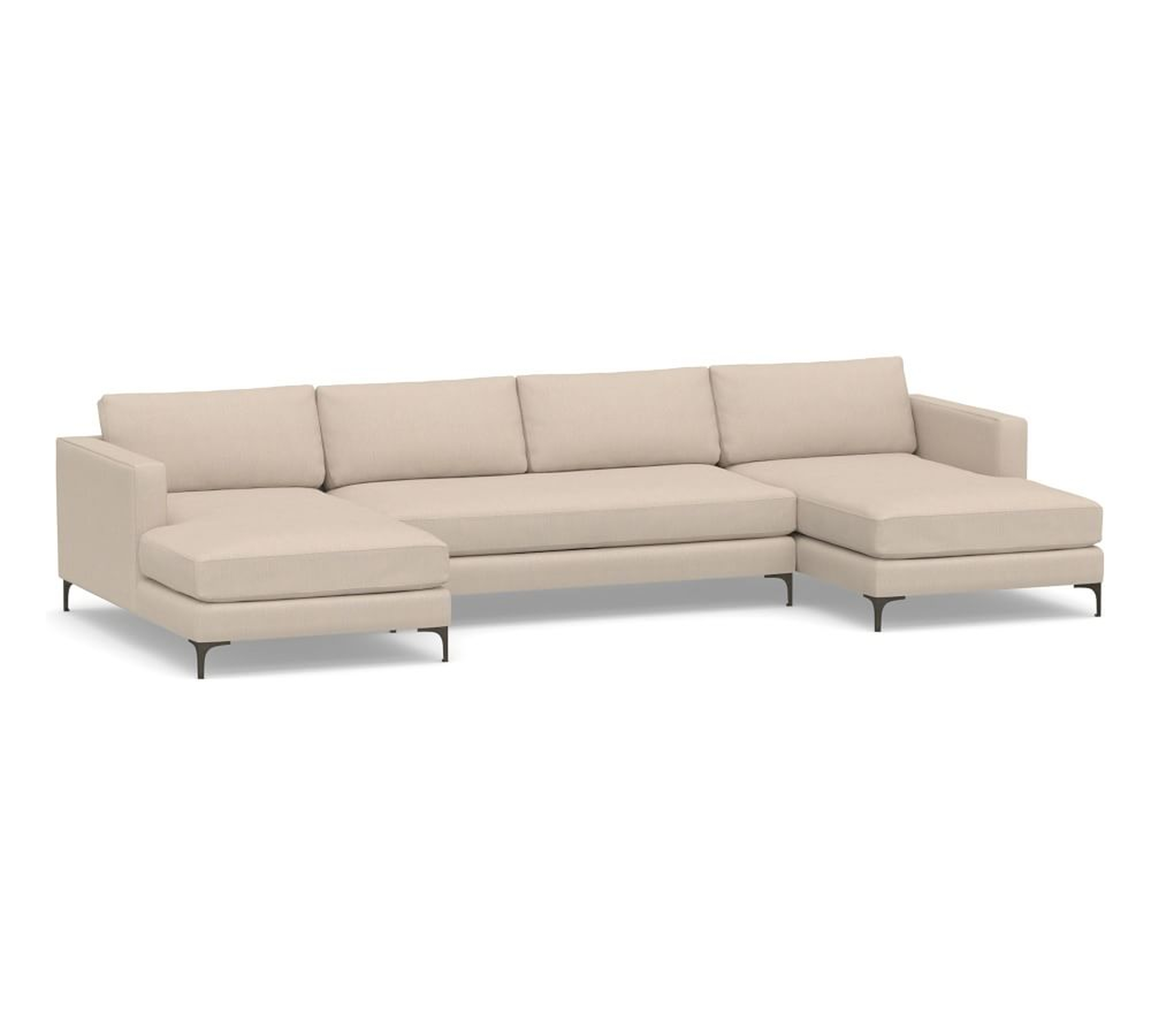 Jake Upholstered U-Chaise Loveseat Sectional 2X1, Bench Cushion, with Bronze Legs, Polyester Wrapped Cushions, Sunbrella(R) Performance Sahara Weave Oatmeal - Pottery Barn