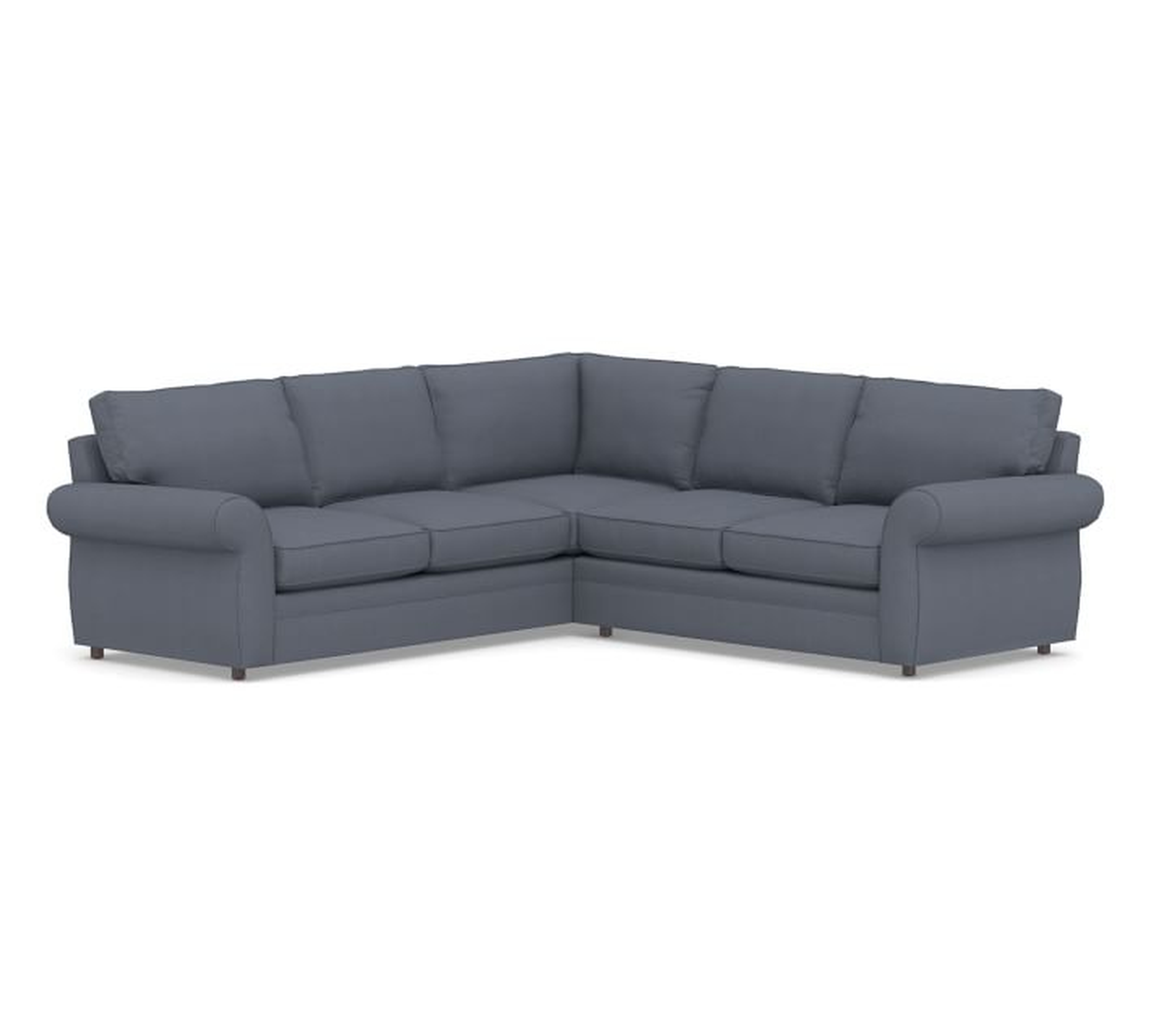 Pearce Roll Arm Upholstered 2-Piece L-Shaped Sectional, Down Blend Wrapped Cushions, Sunbrella(R) Performance Boss Herringbone Indigo - Pottery Barn