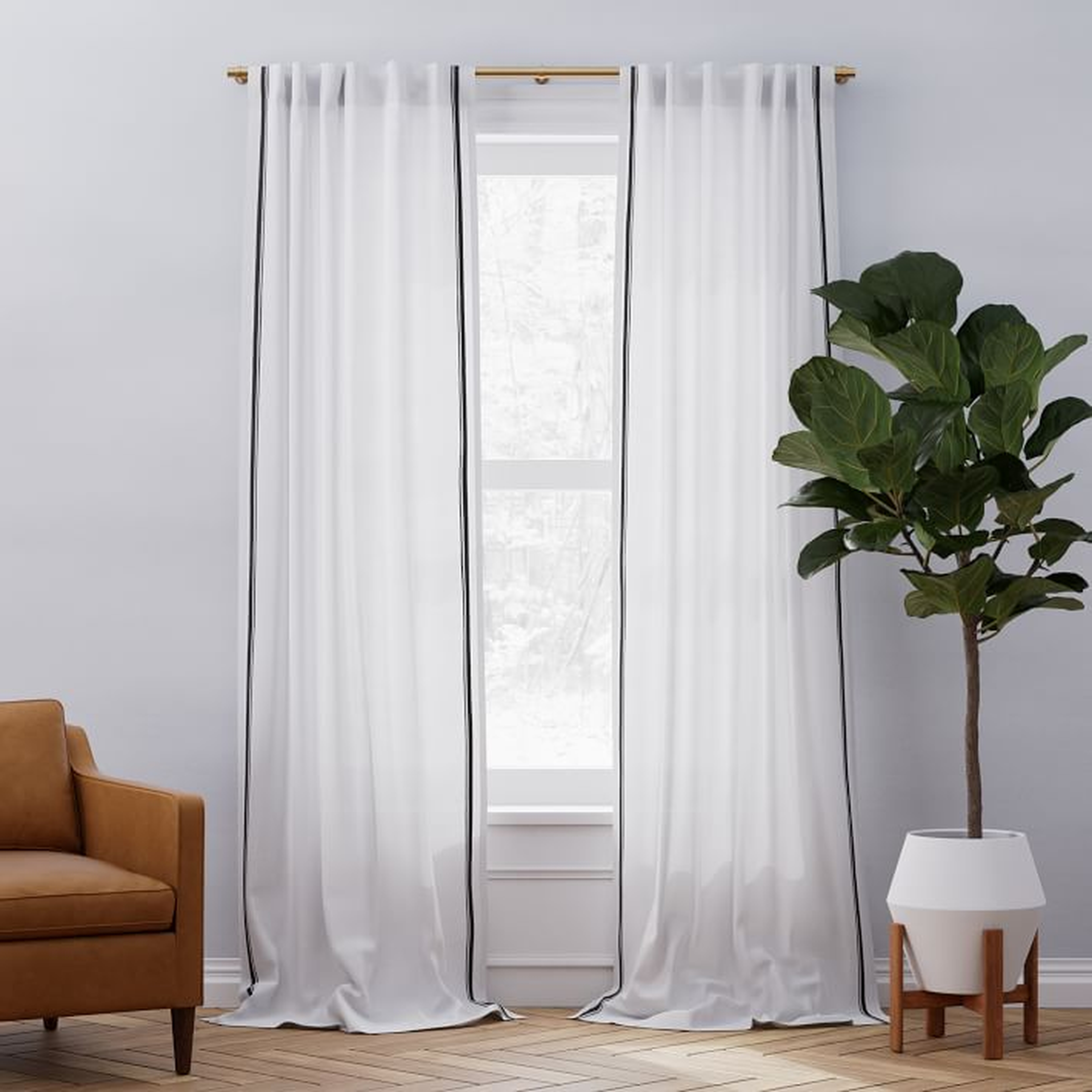 Belgian Flax Linen Embroidered Stripe Curtain, White + Iron Gate, 48"x96" - West Elm