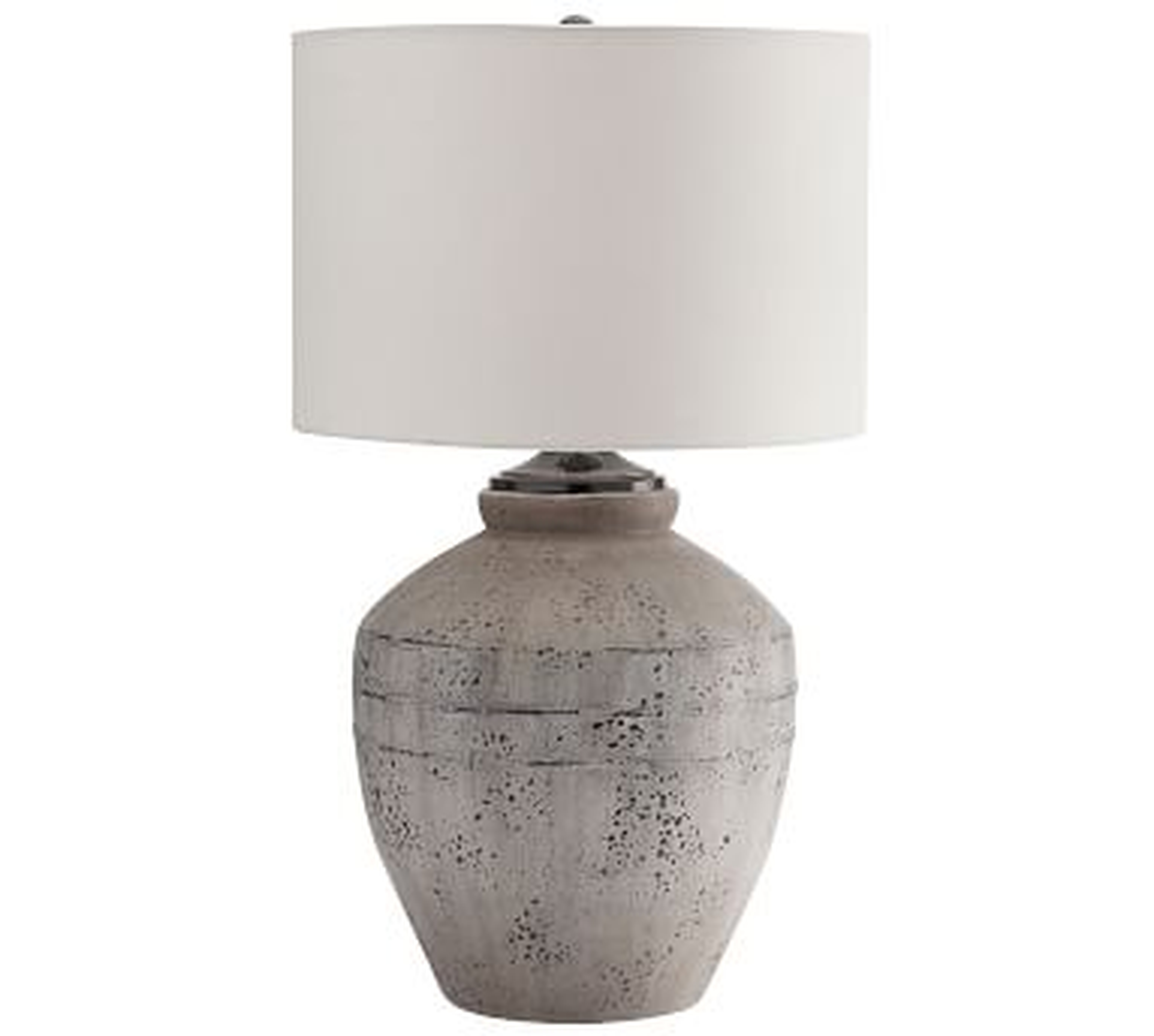 Maddox Ceramic Table Lamp, Rustic Gray Base With Medium Gallery Straight Sided Drum Shade, White - Pottery Barn