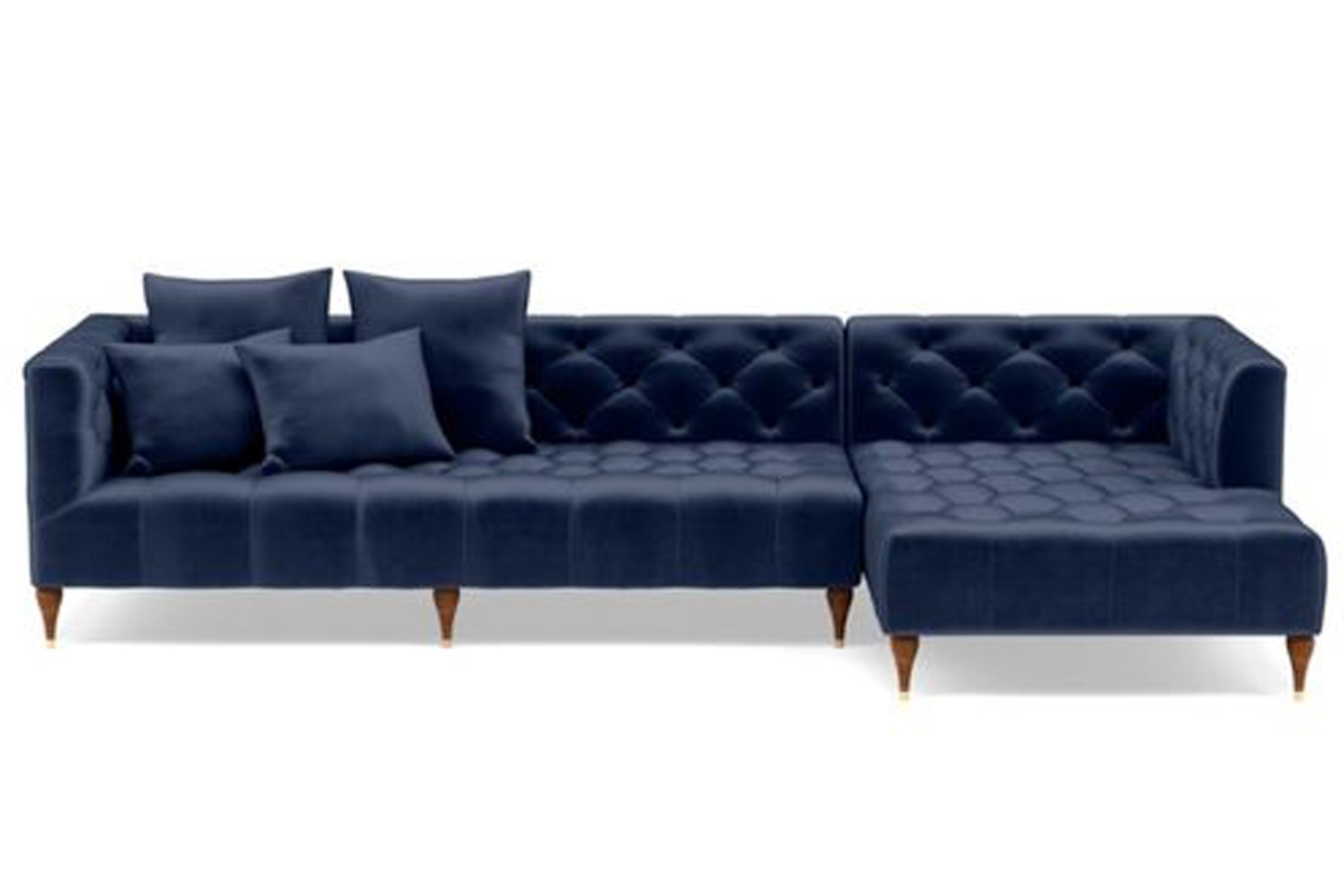 Custom Ms. Chesterfield Sectional Sofa with Right Chaise  Oiled Walnut with Brass Cap Stiletto Legs - 114", DECIDE LATER FABRIC - Interior Define