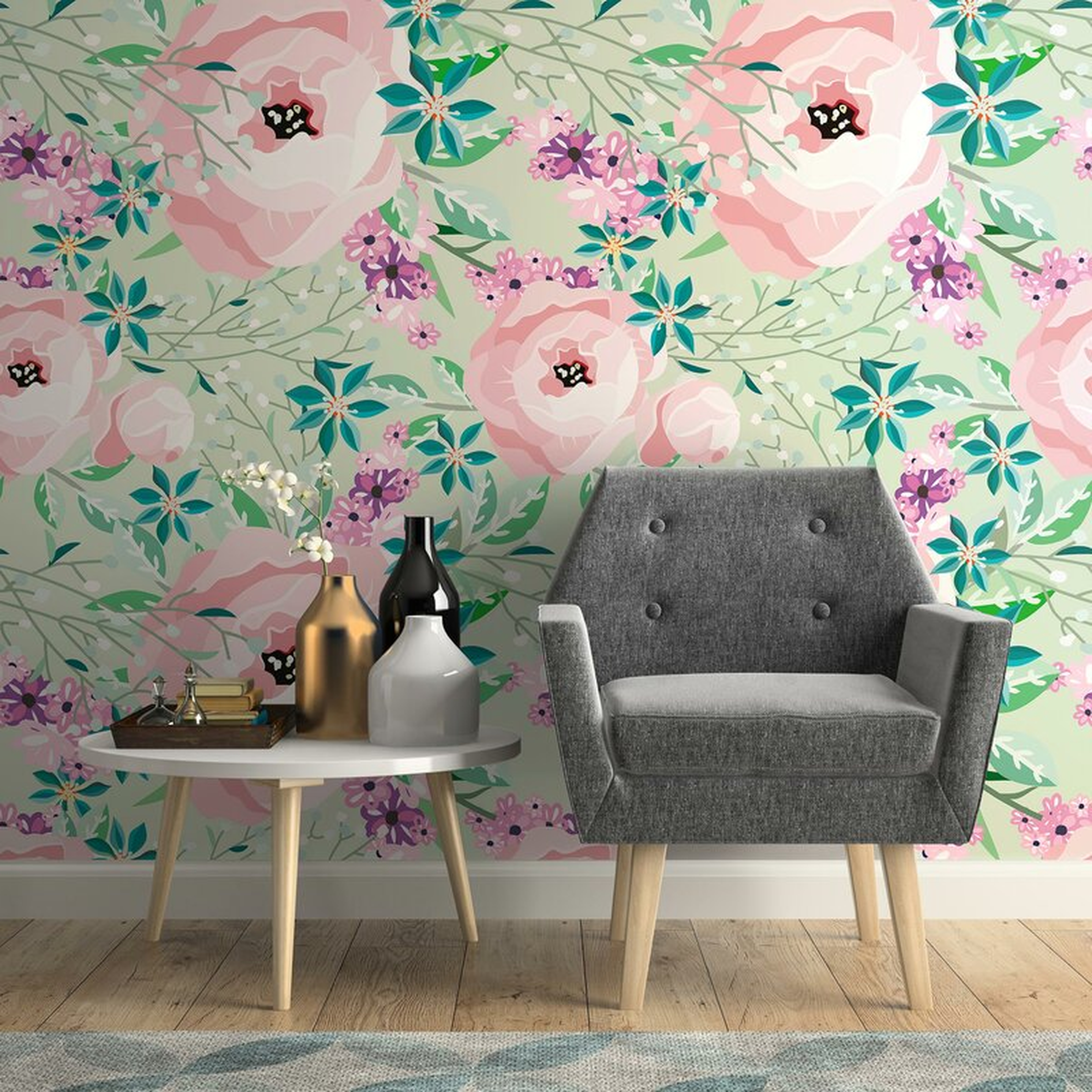 Camellia Emerale Motif Removable Peel and Stick Wallpaper Panel - Wayfair