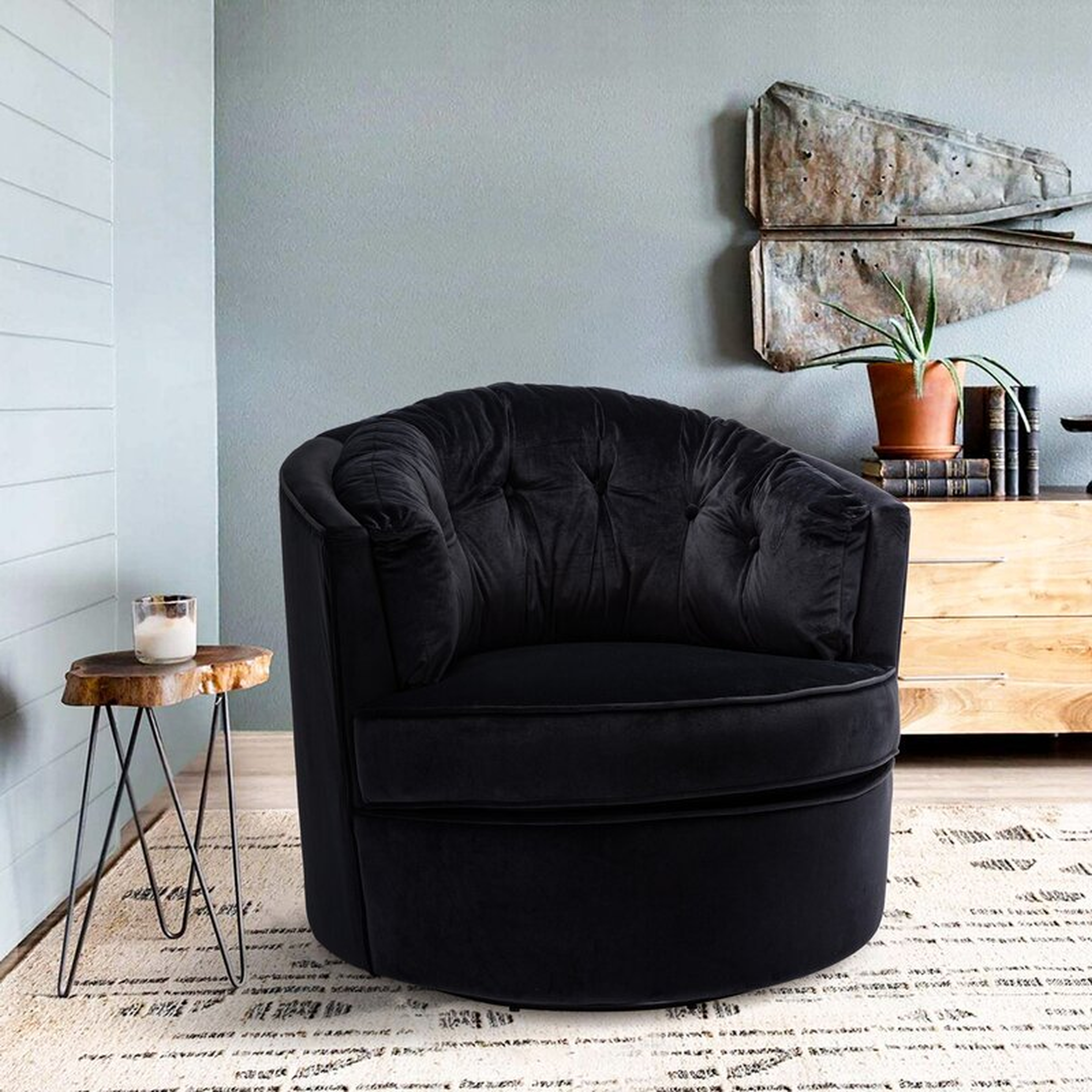 33.5" W Tufted Velvet Swivel Barrel Chair . Black Linen Blend - Wayfair