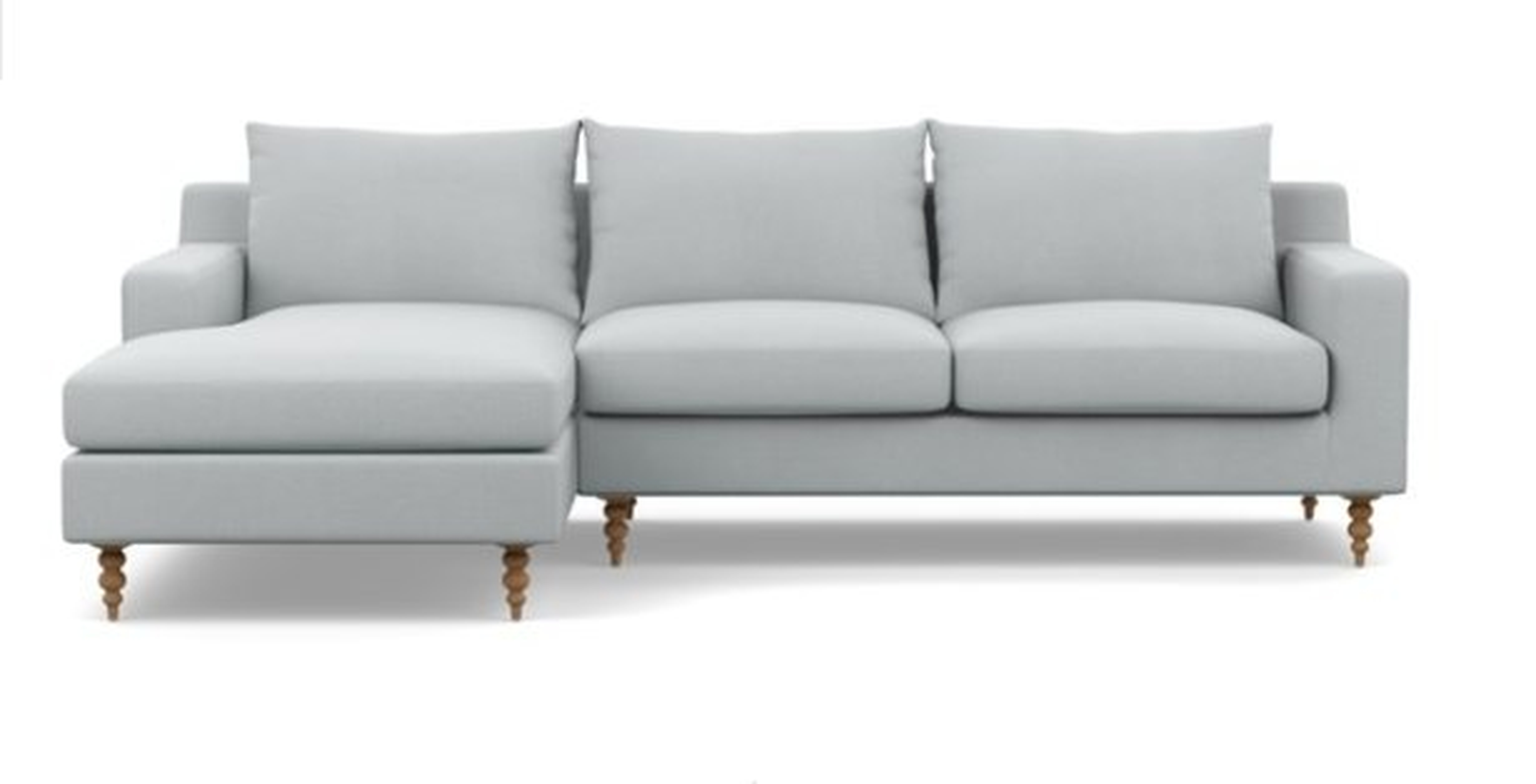 Sloan Left Sectional with Grey Ore Fabric, two cushions with standard fill and natural oak tapered turned wood leg - Interior Define