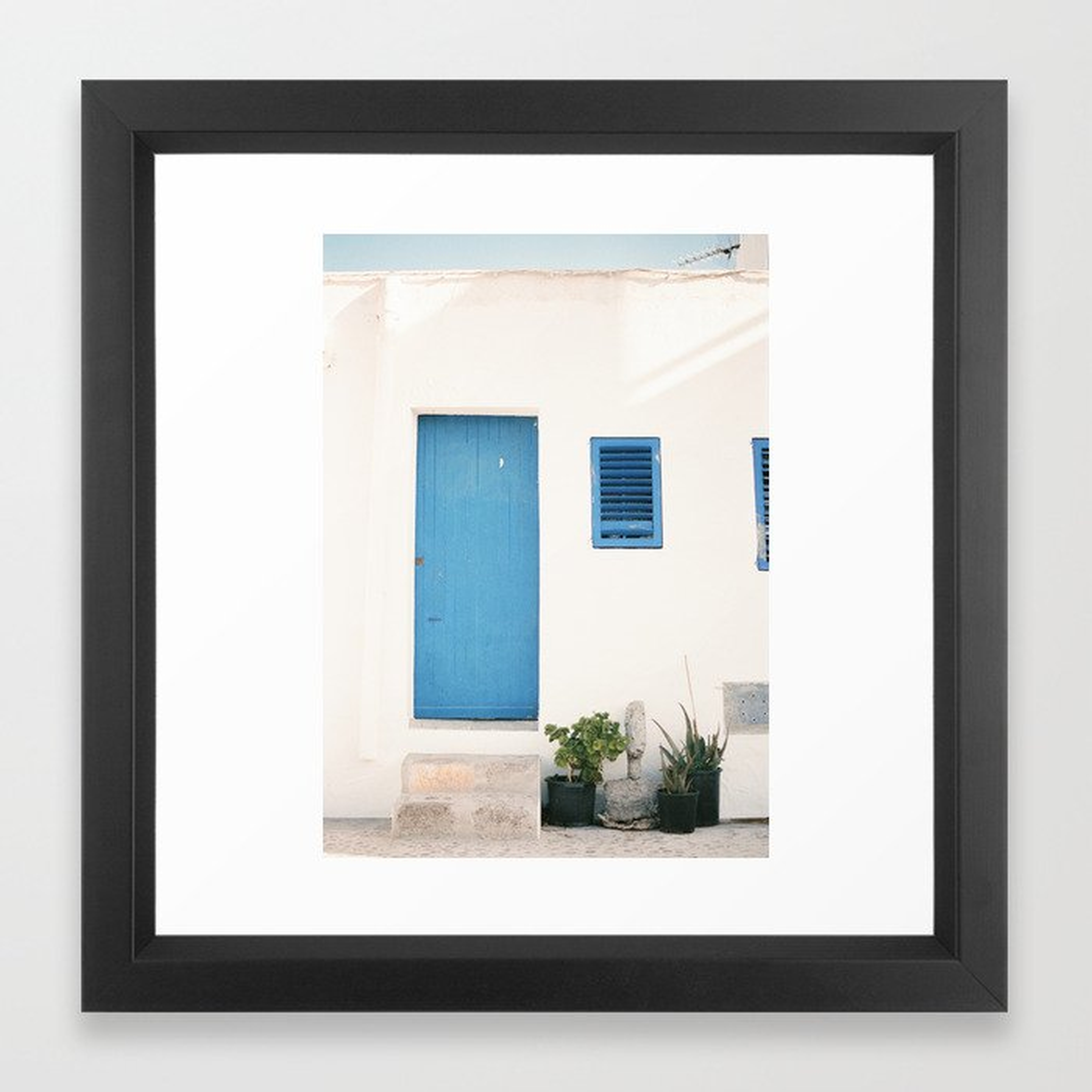 Travel photography print “Ibiza blue and white” photo art made in the old town of Eivissa / Ibiza Framed Art Print - Society6