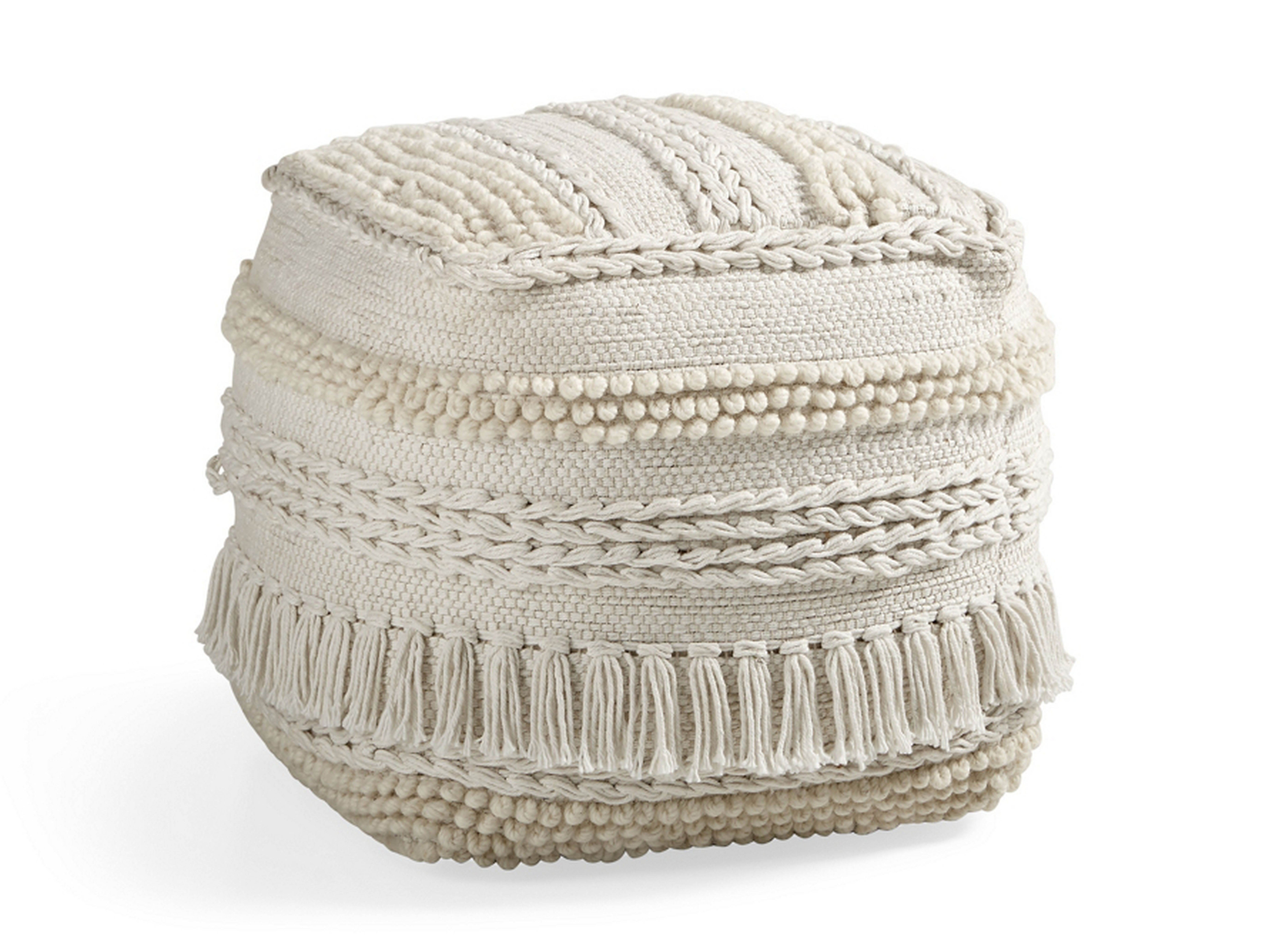 Charlie Ivory Shag Pouf in Natural - Arhaus