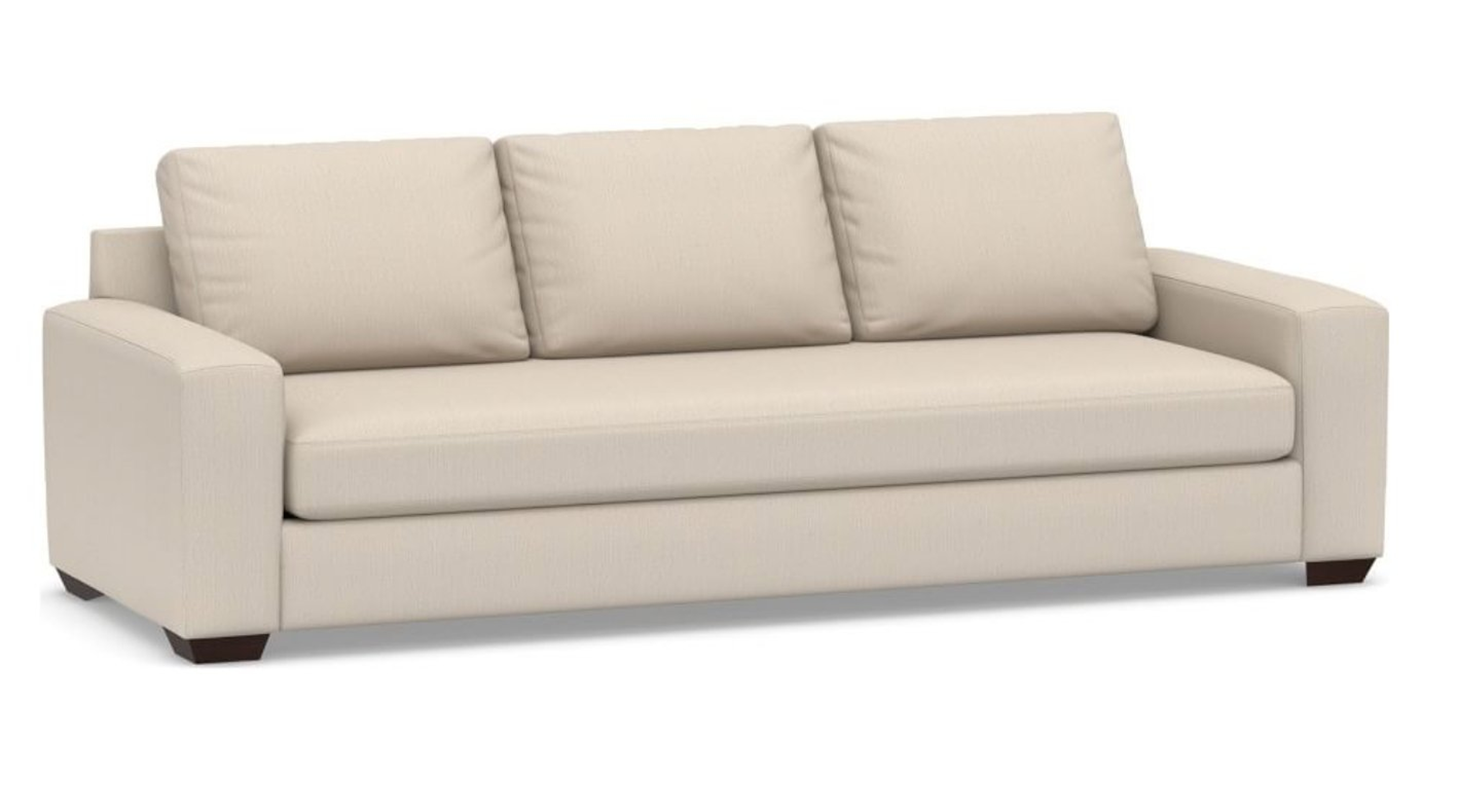 Big Sur Square Arm Upholstered Grand Sofa 105" with Bench Cushion, Down Blend Wrapped Cushions, Sunbrella(R) Performance Herringbone Oatmeal - Pottery Barn