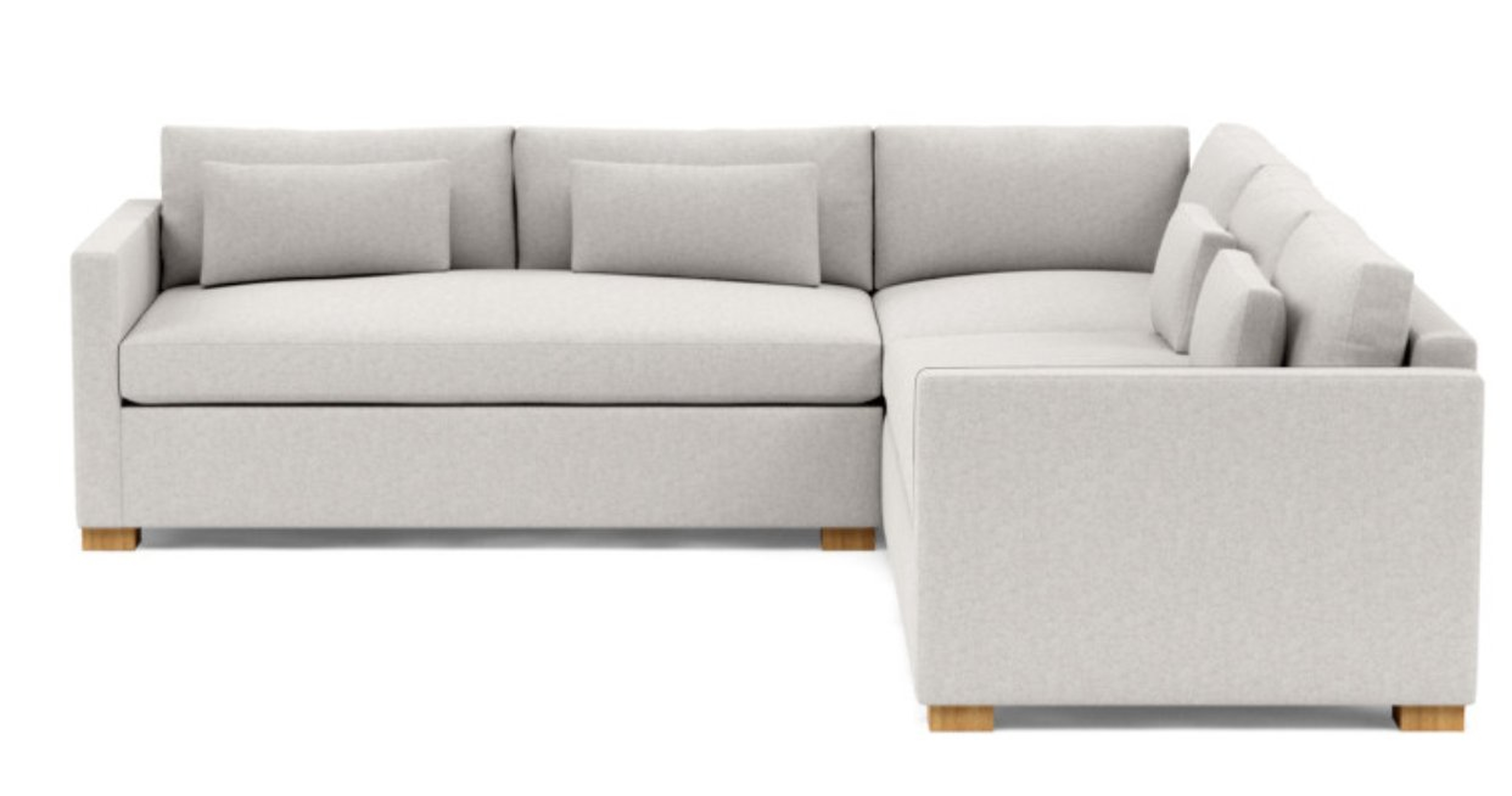 Charly Corner Sectional Sofa; Pebble Heathered Weave; Natural Oak Block Legs; Down alternative; 104"; Standard Depth Cushions; Bench Cushions - Interior Define