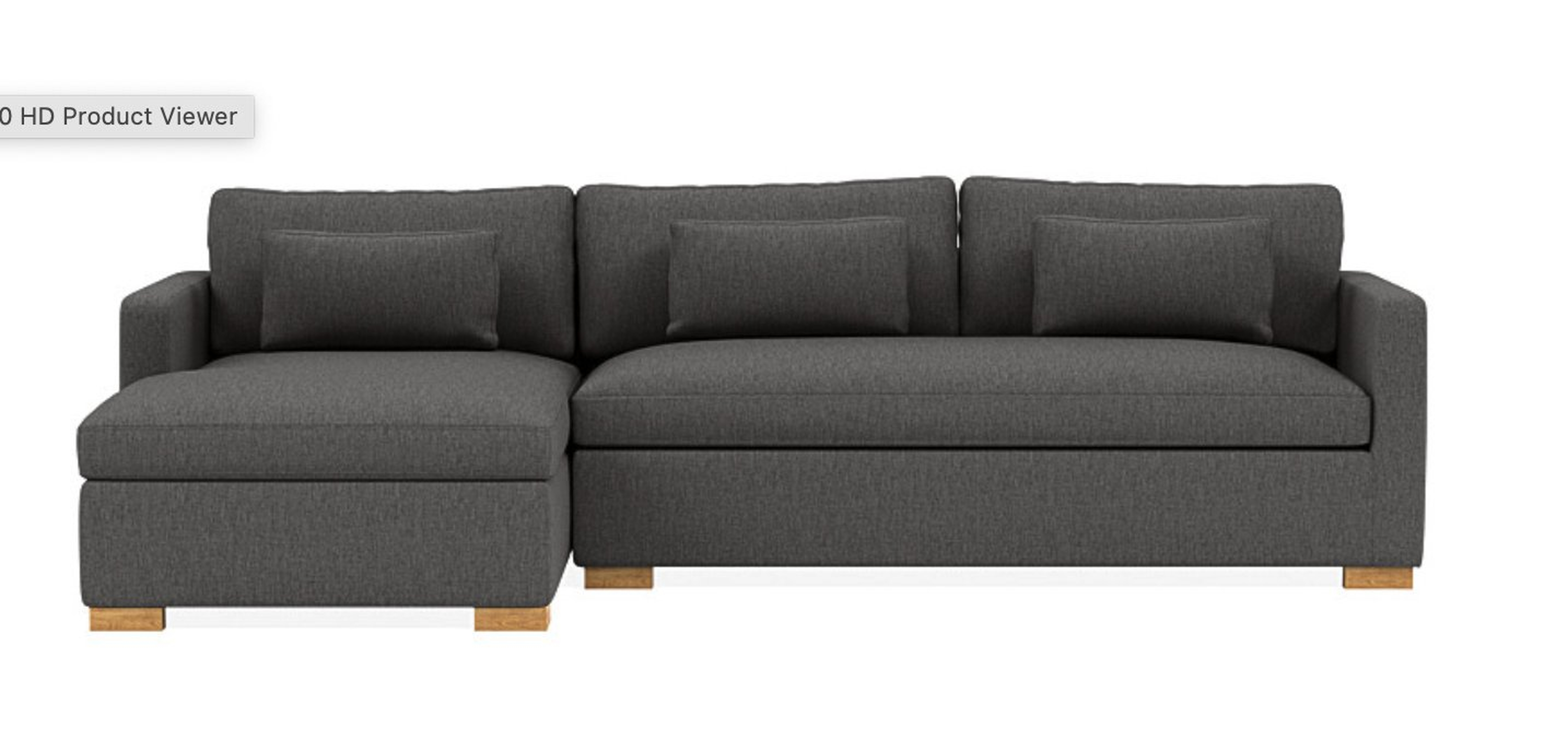 Charly Sectional with Grey Mushroom Fabric, down alternative cushions, extended right chaise, extended left chaise, and Natural Oak legs - Interior Define
