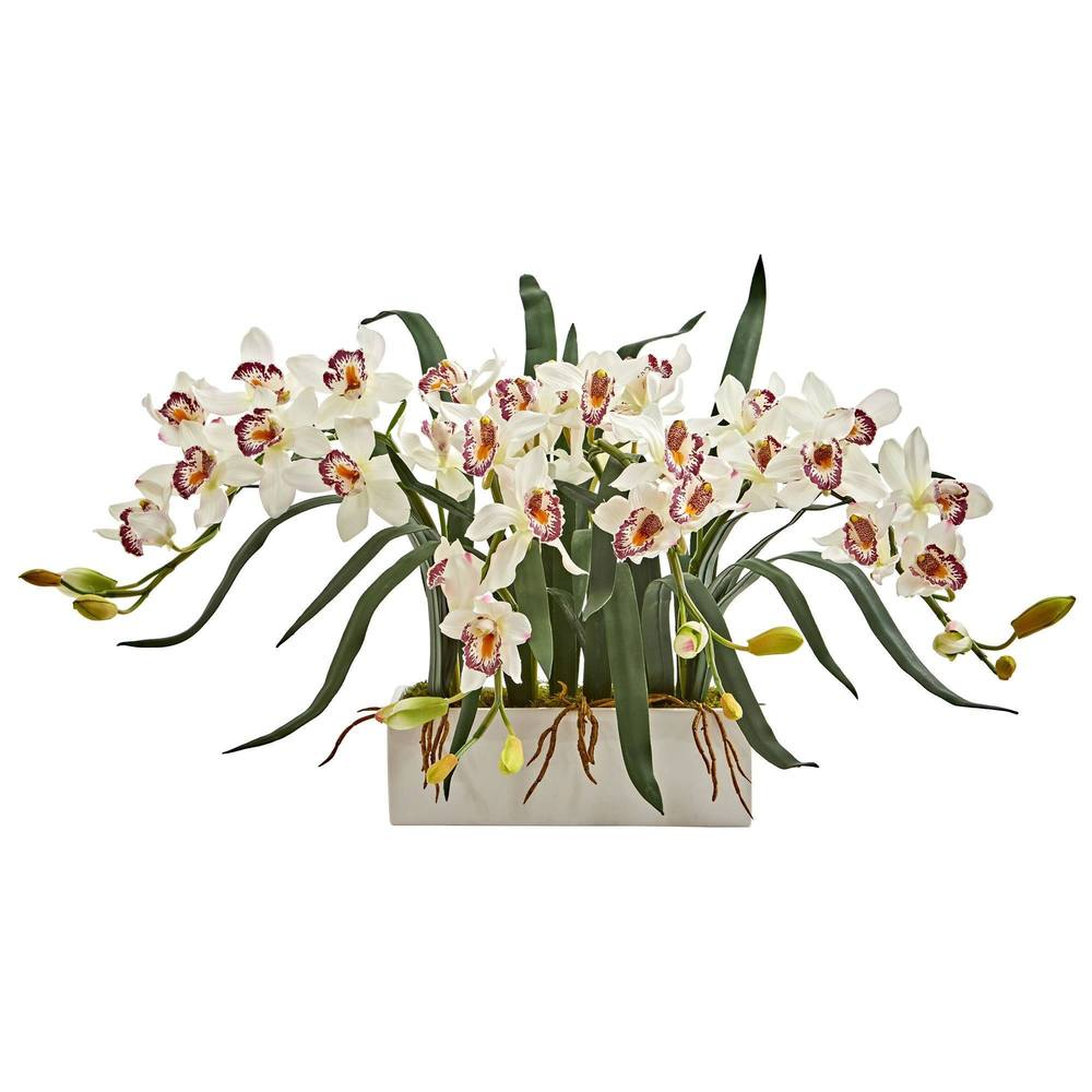 Cymbidium Artificial Arrangement in White Vase - Fiddle + Bloom
