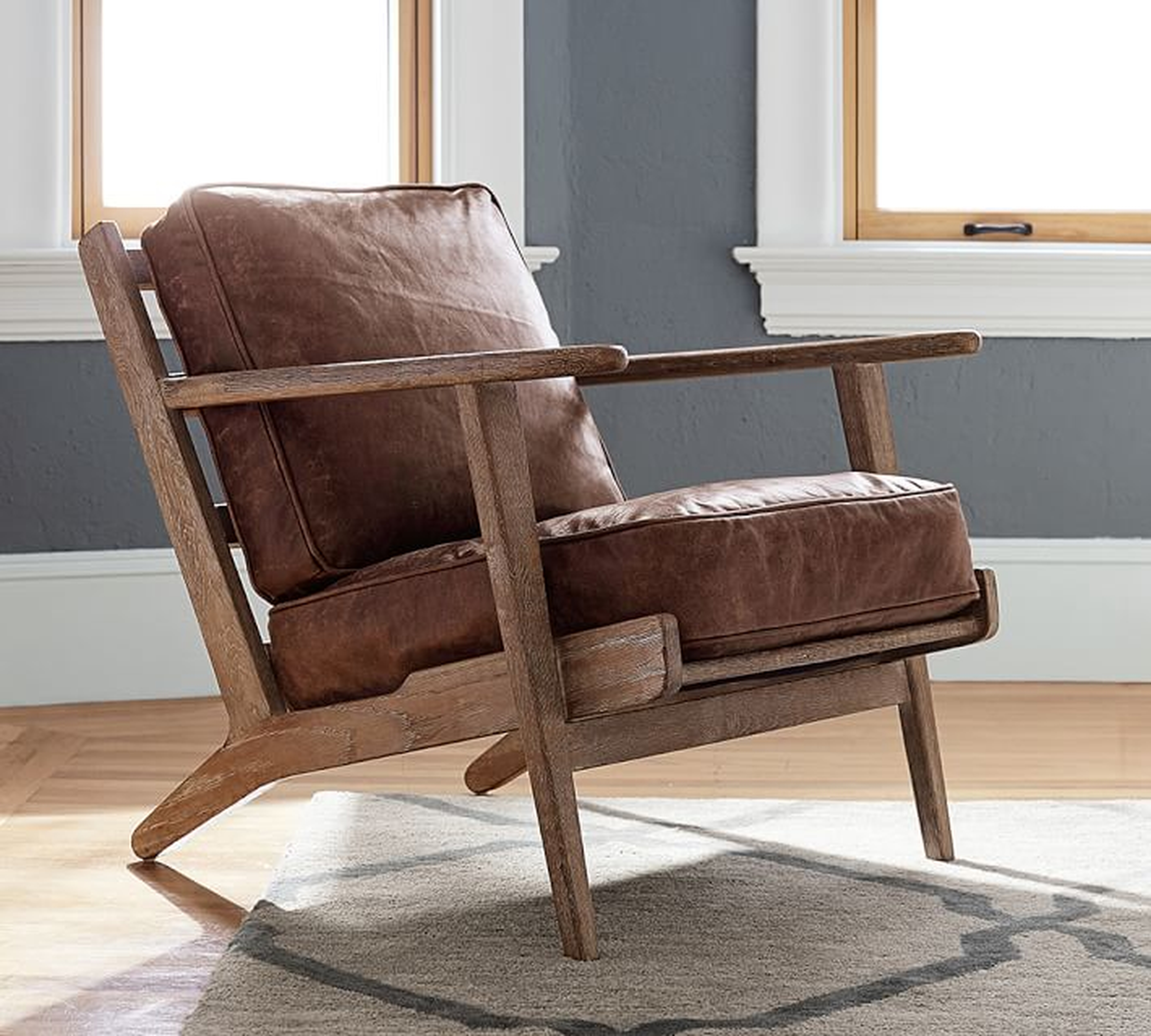 Raylan Leather Armchair with Black Frame, Down Blend Wrapped Cushions, Vintage Camel - Pottery Barn