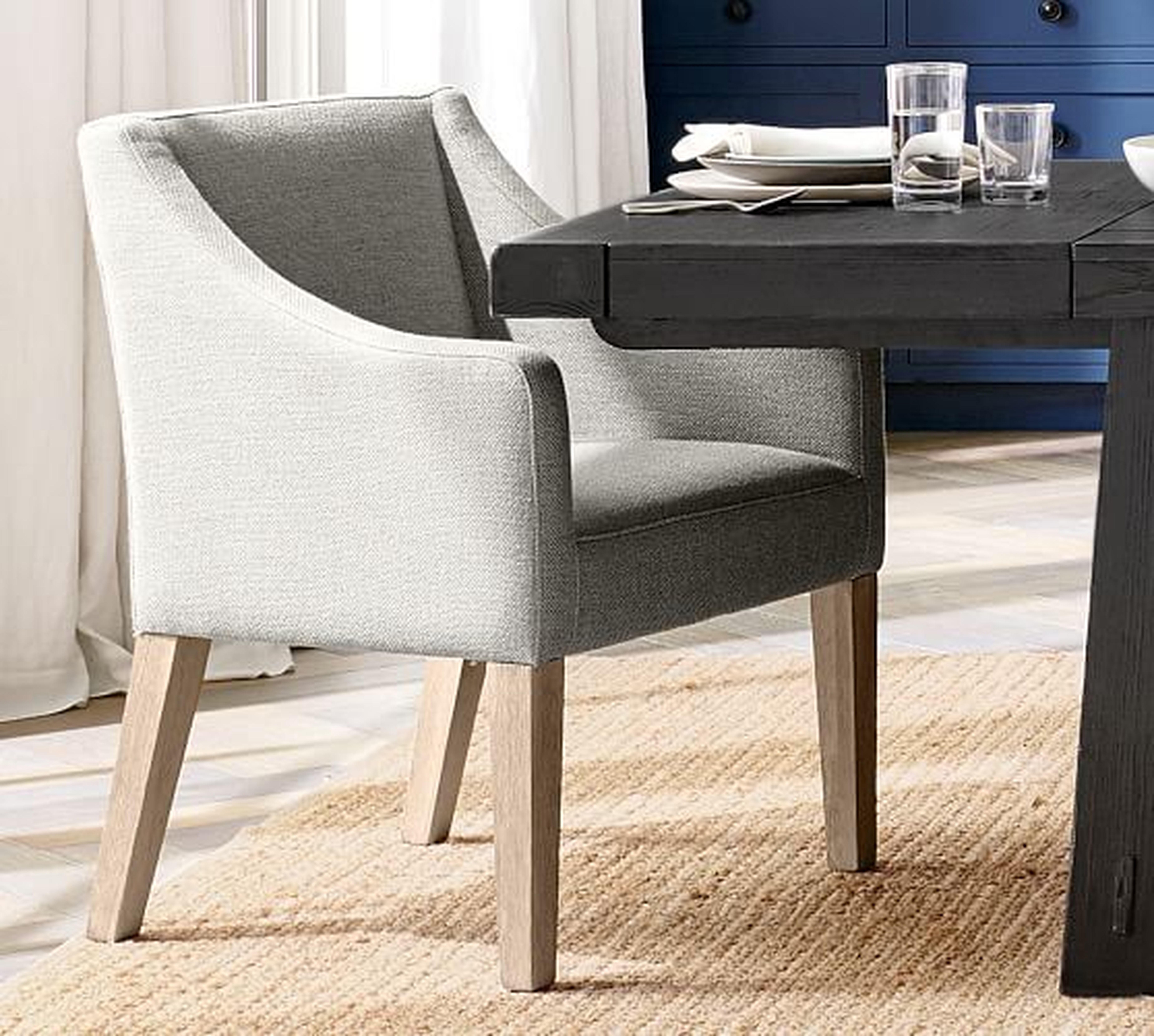 PB Classic Upholstered Slope Arm Dining Chair with Seadrift Legs, Performance Heathered Tweed Pebble - Pottery Barn