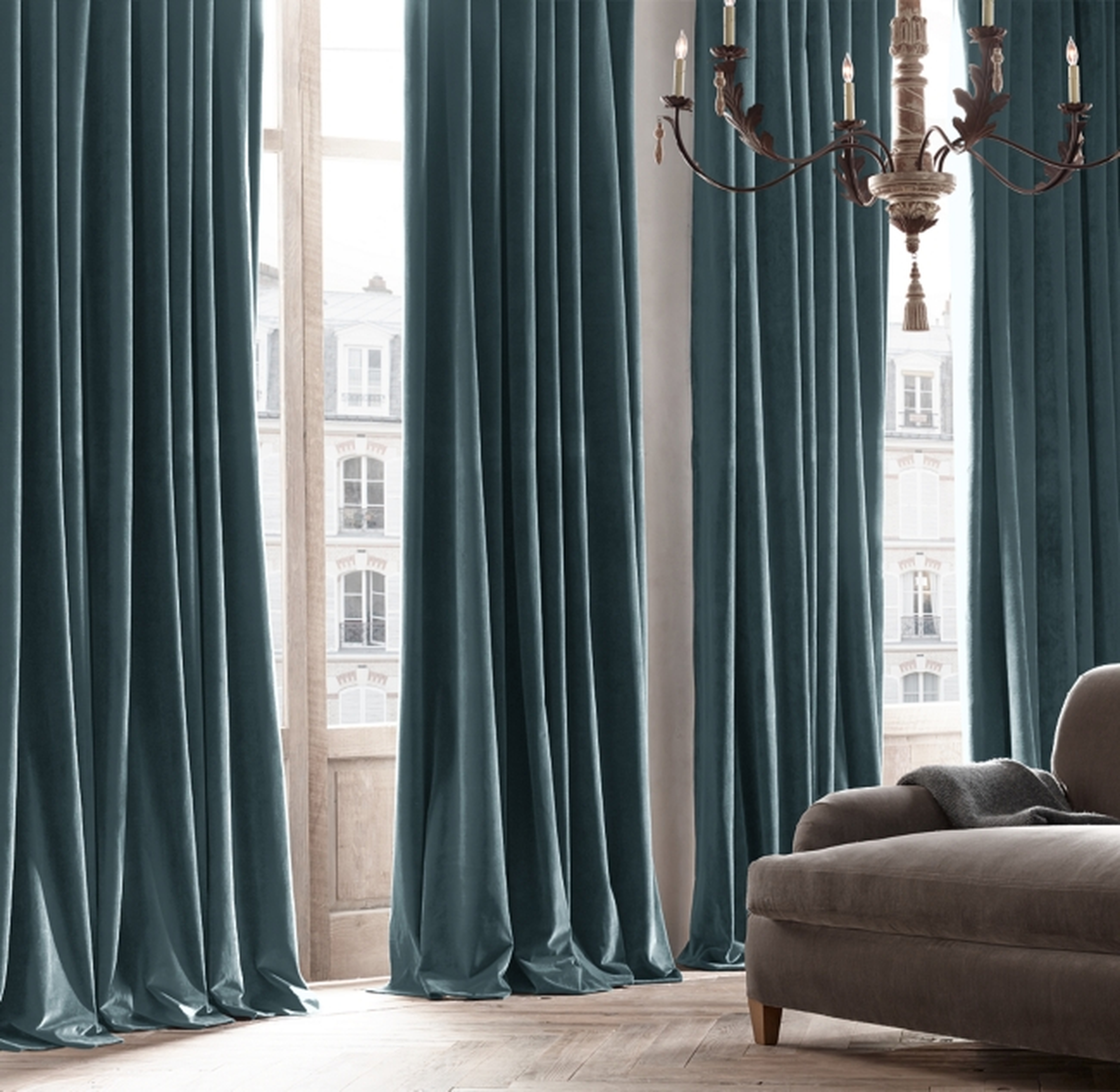 Vintage Velvet Curtain Panel - SLATE BLUE - 50" X 108" - Cotton lining - RH