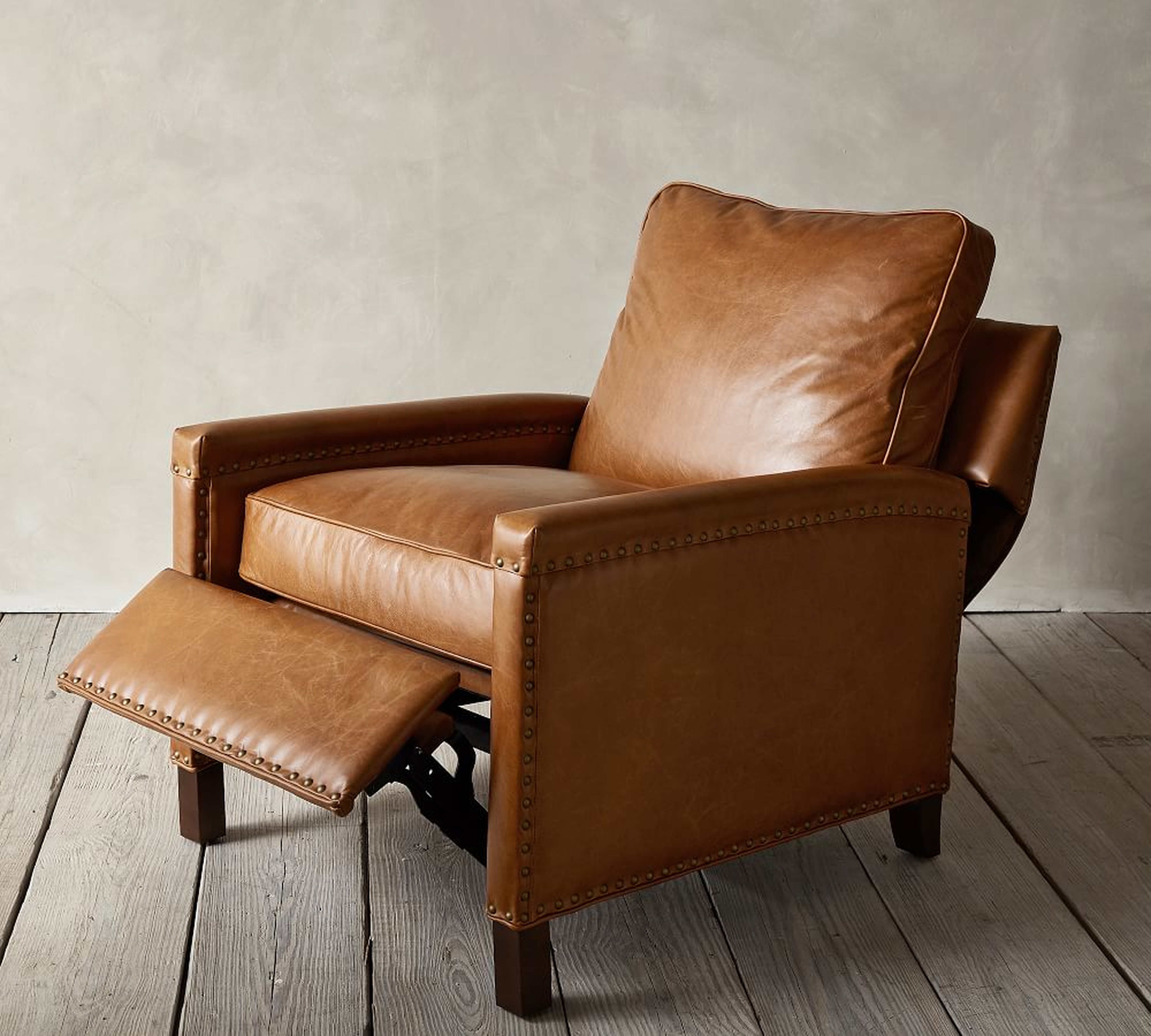 Tyler Square Arm Leather Recliner with Nailheads, Down Blend Wrapped Cushions, Vintage Caramel - Pottery Barn