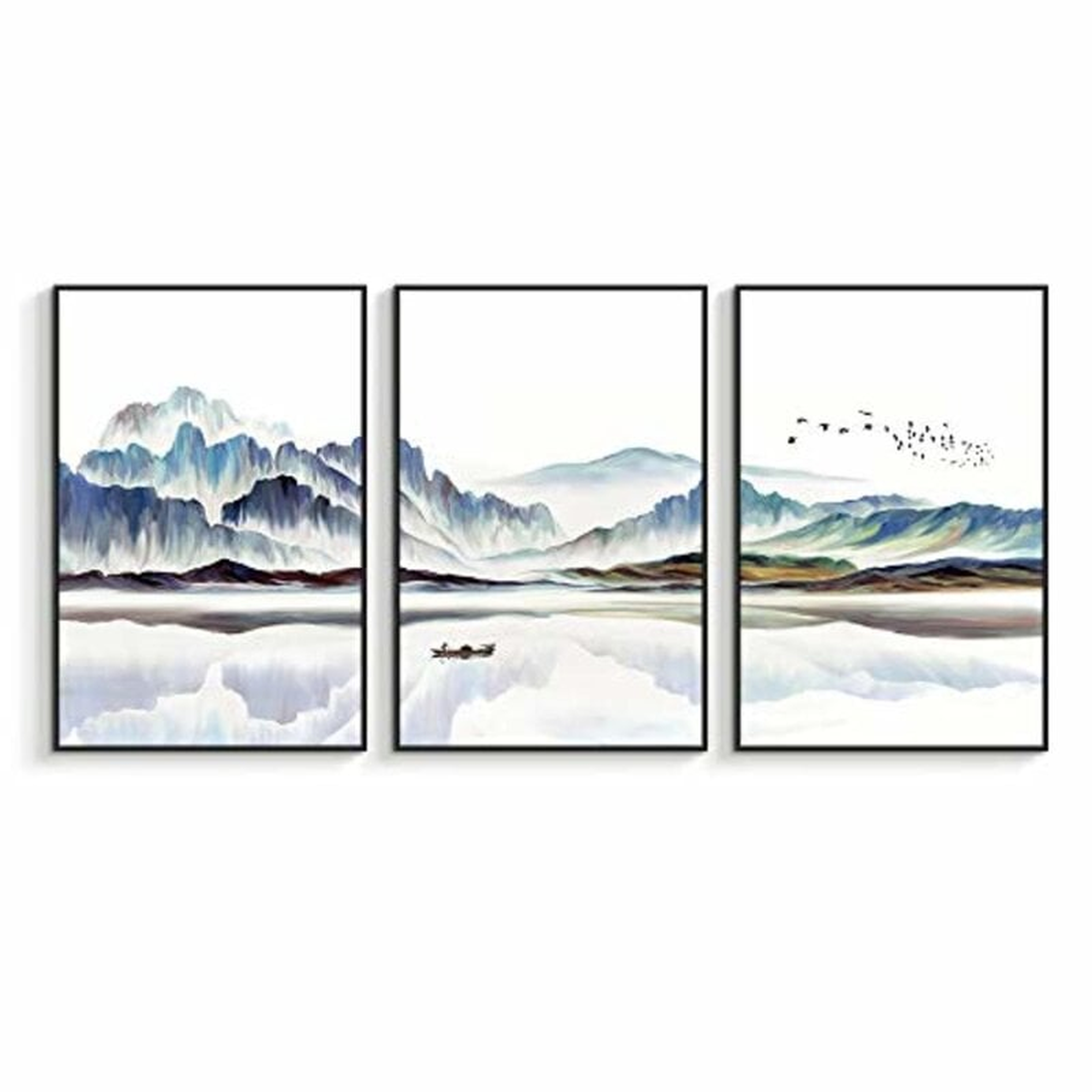 A Boat Floating On The Lake With Mountains In The Back - 3 Piece Floater Frame Painting on Canvas - Wayfair