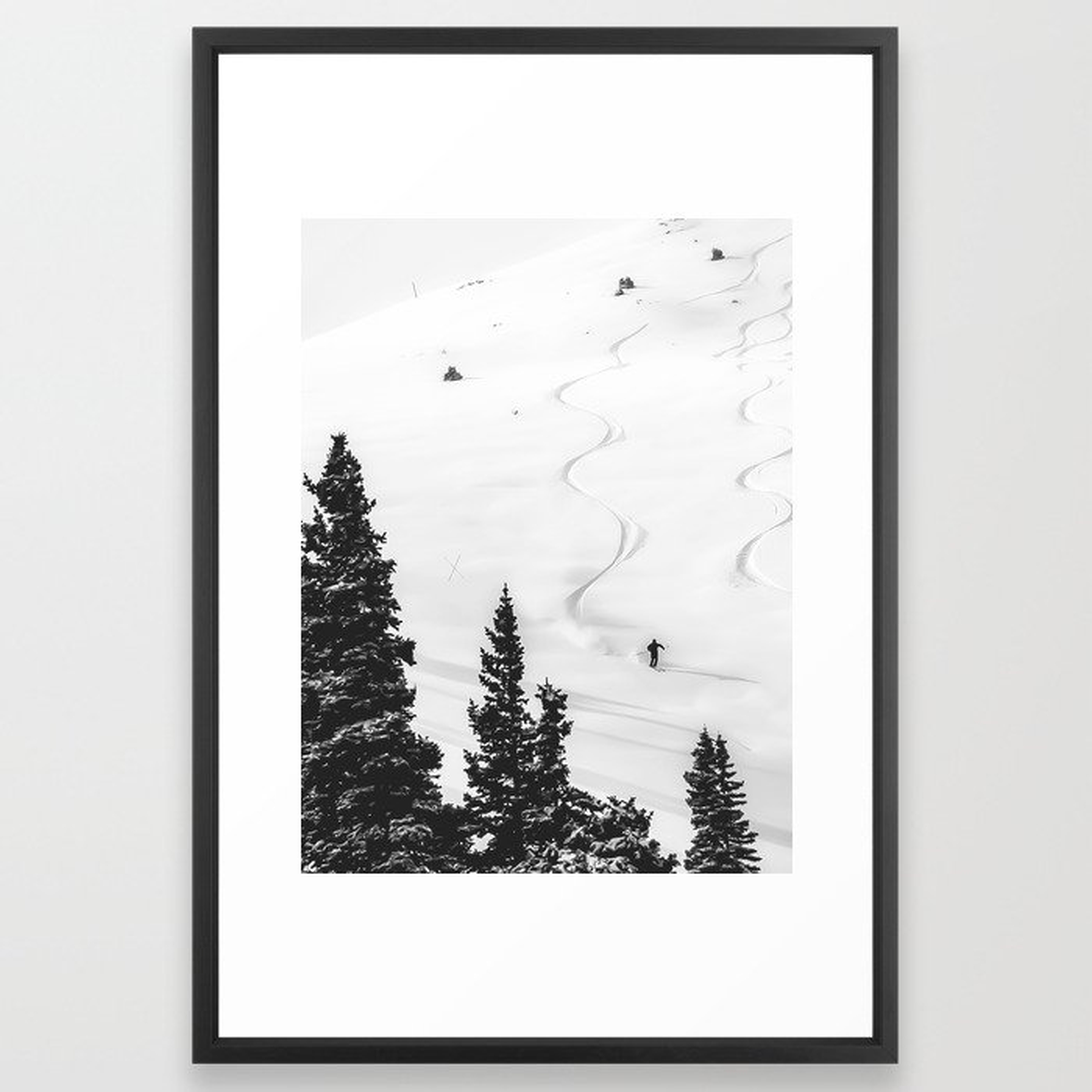 Backcountry Skier // Fresh Powder Snow Mountain Ski Landscape Black and White Photography Vibes Framed Art Print - Society6