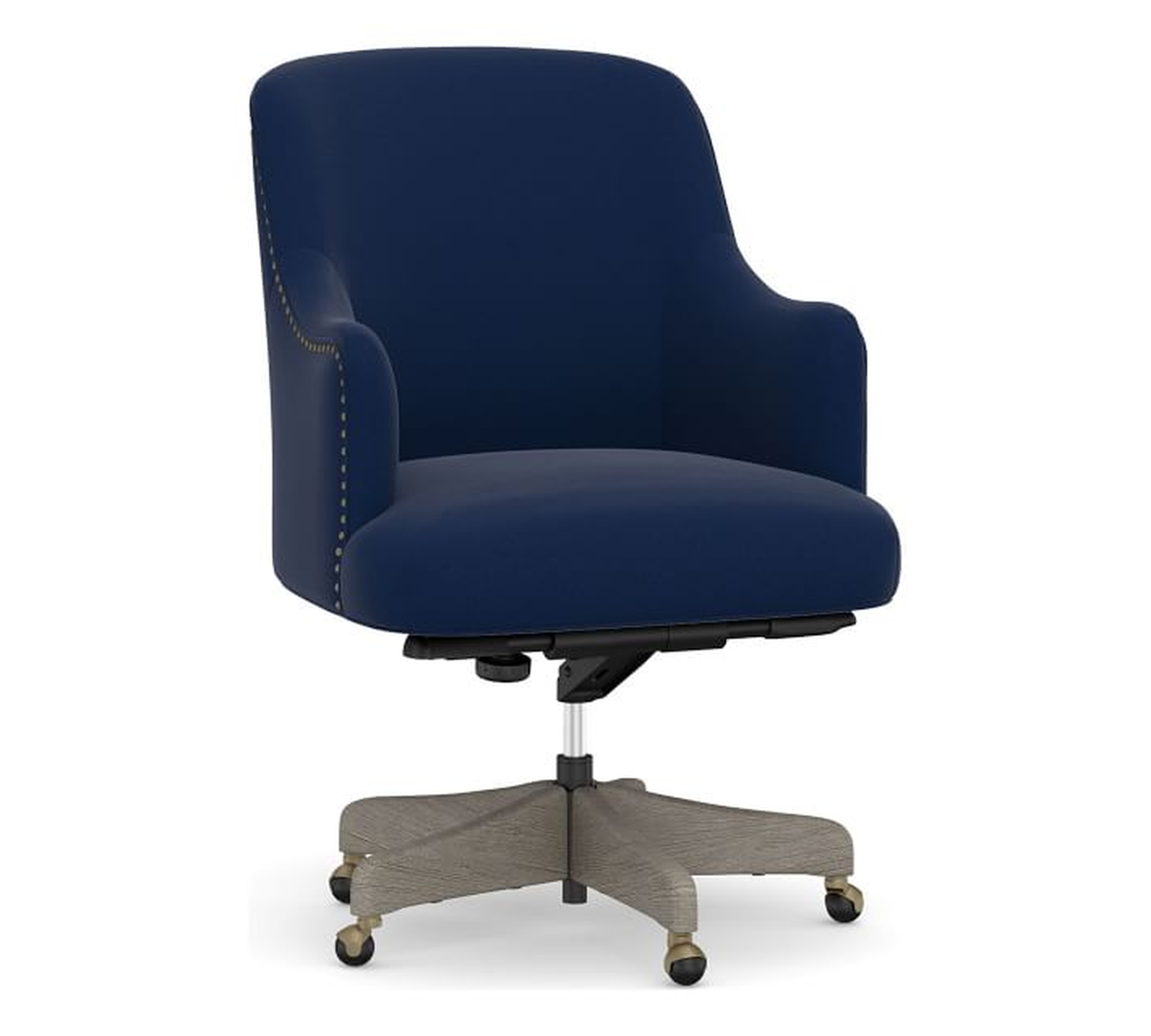 Reeves Upholstered Swivel Desk Chair, Gray Wash Frame, Performance Everydayvelvet(TM) Navy - Pottery Barn