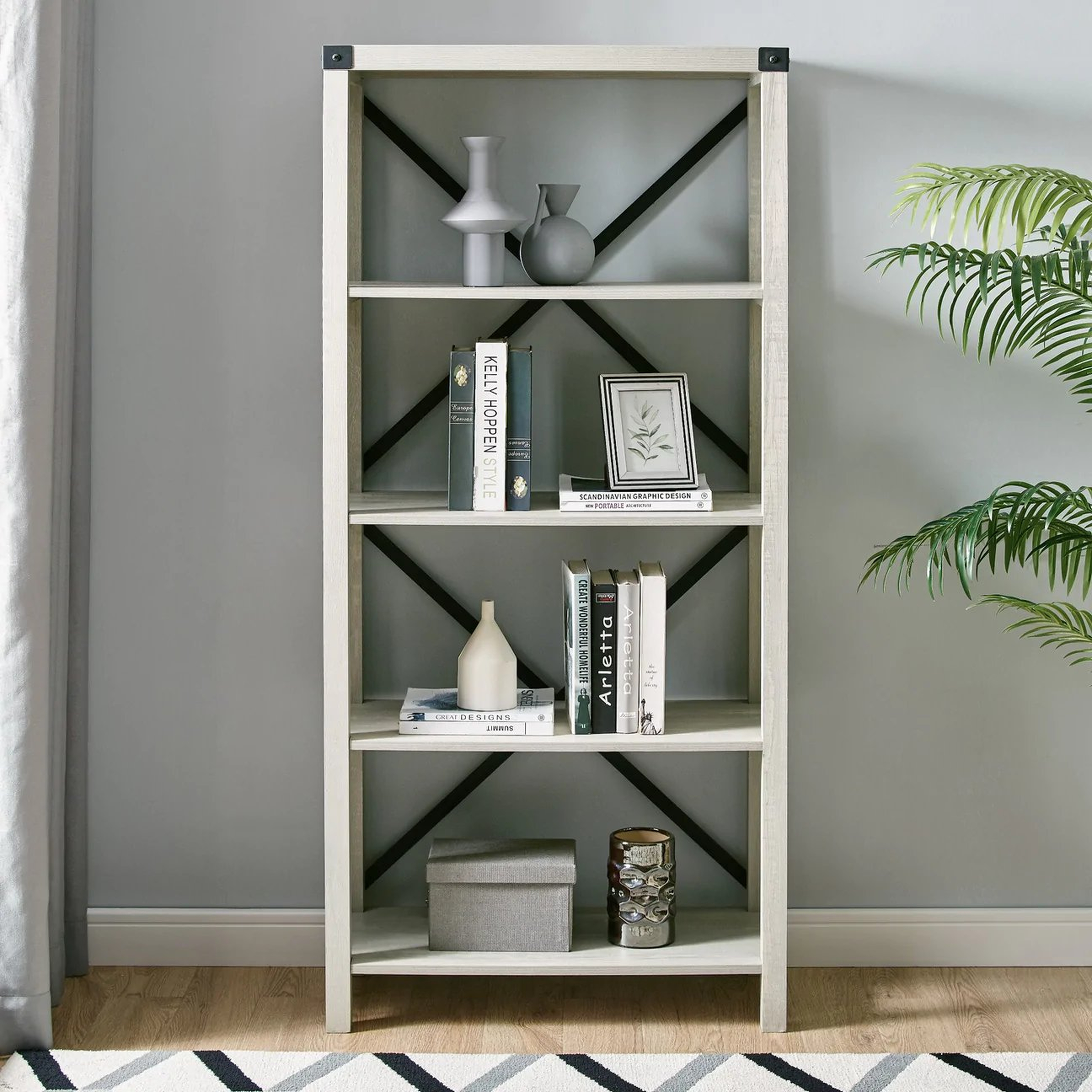 64" Farmhouse Metal X Bookshelf - Stone Grey - Walker Edison