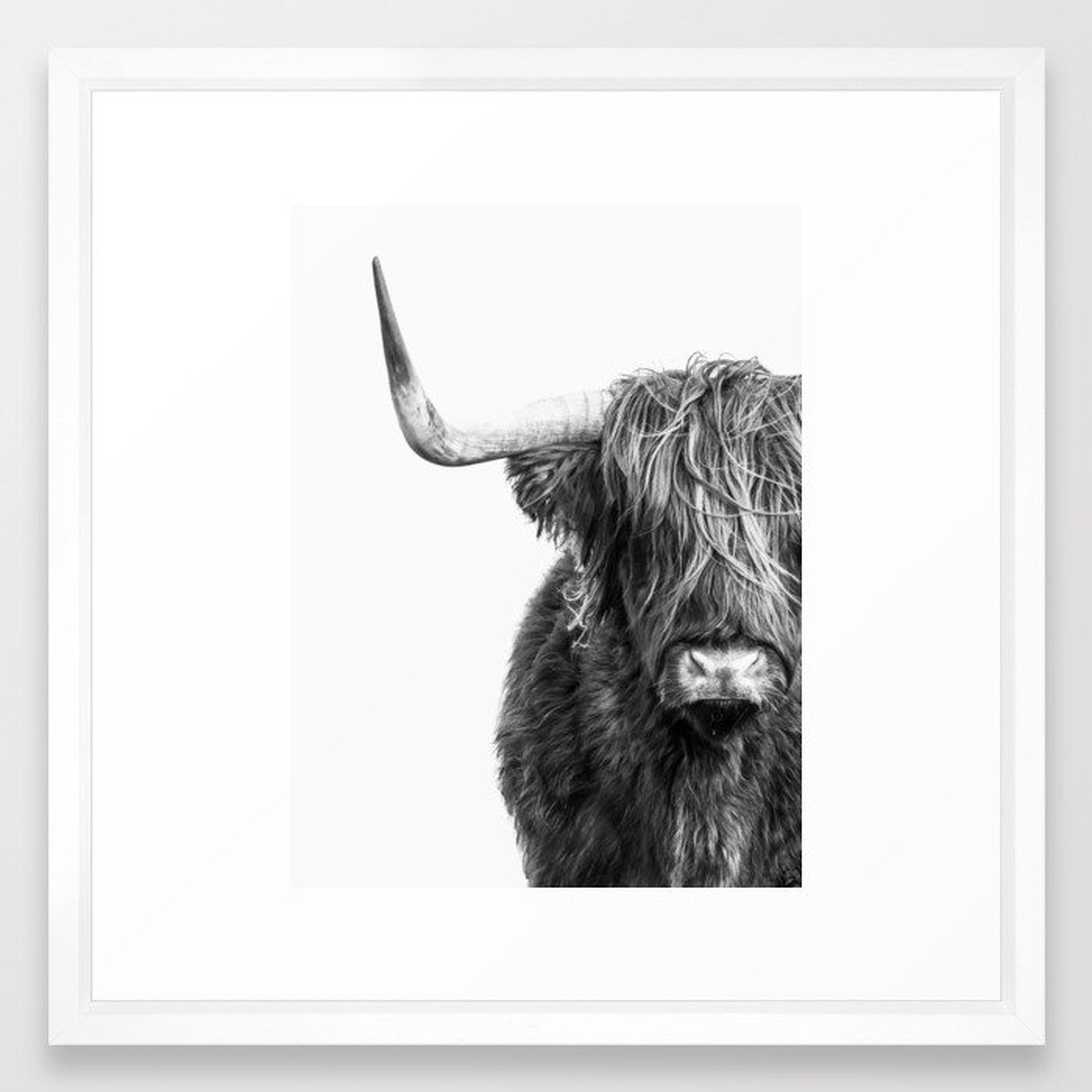 Highland Cow Portrait - Black and White Framed Art Print by Amy Peterson Art Studio- vector white 22"X22" - Society6