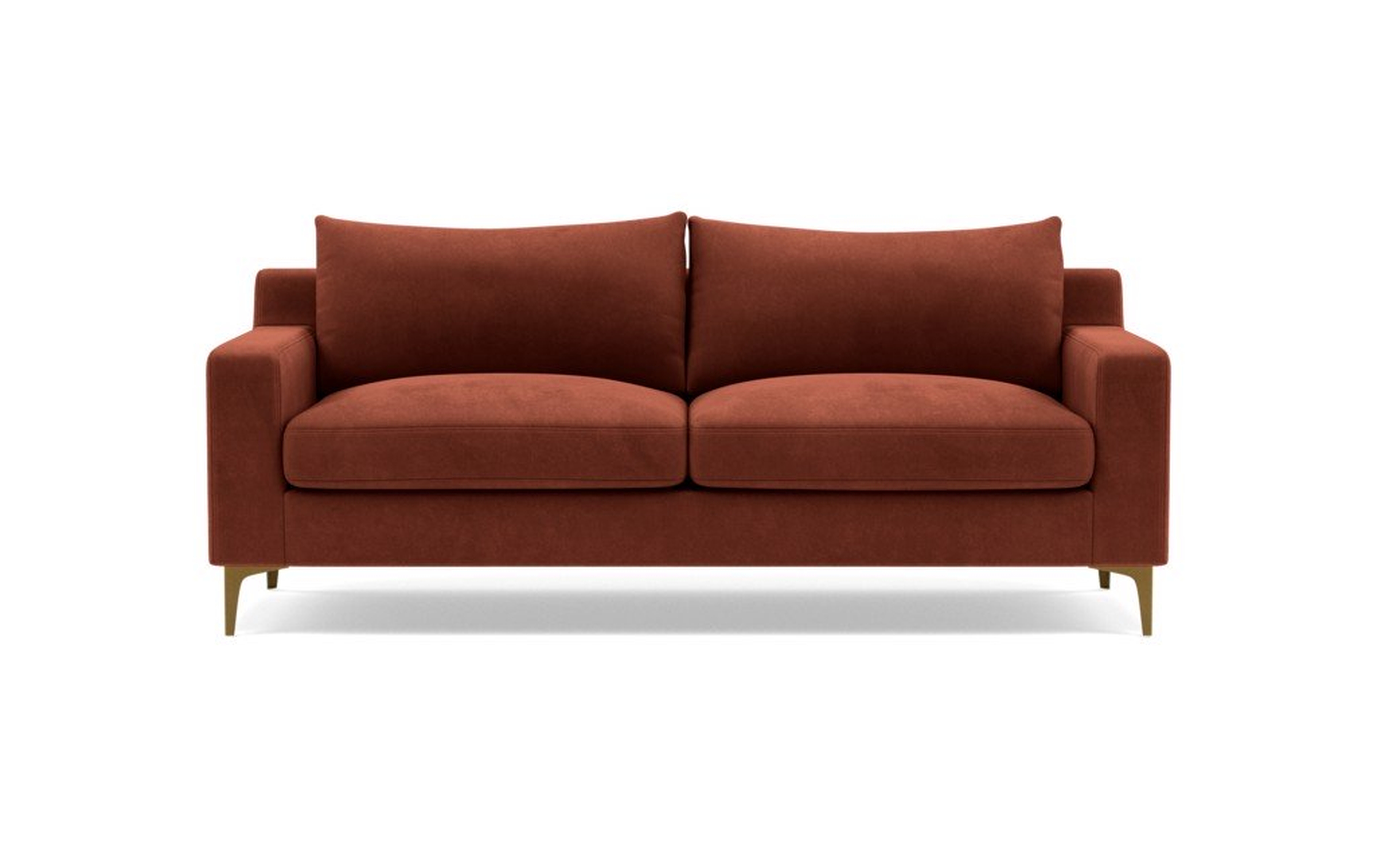 Sloan Sofa with Red Rust Fabric, down alternative cushions, and Brass Plated legs - Interior Define