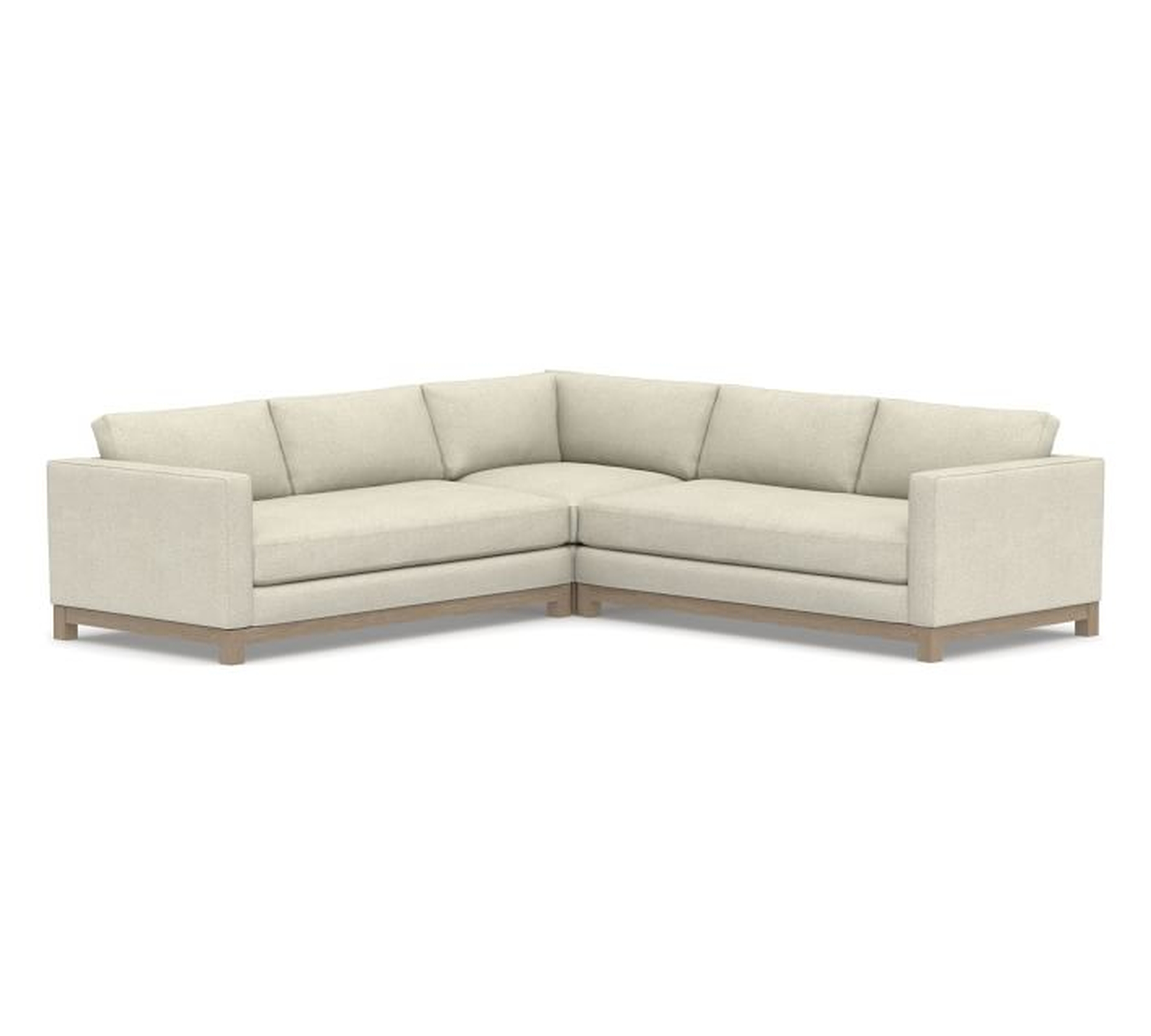 Jake Upholstered 3-Piece L-Shaped Corner Sectional 2x1, Bench Cushion, with Wood Legs, Polyester Wrapped Cushions, Performance Heathered Basketweave Alabaster White - Pottery Barn