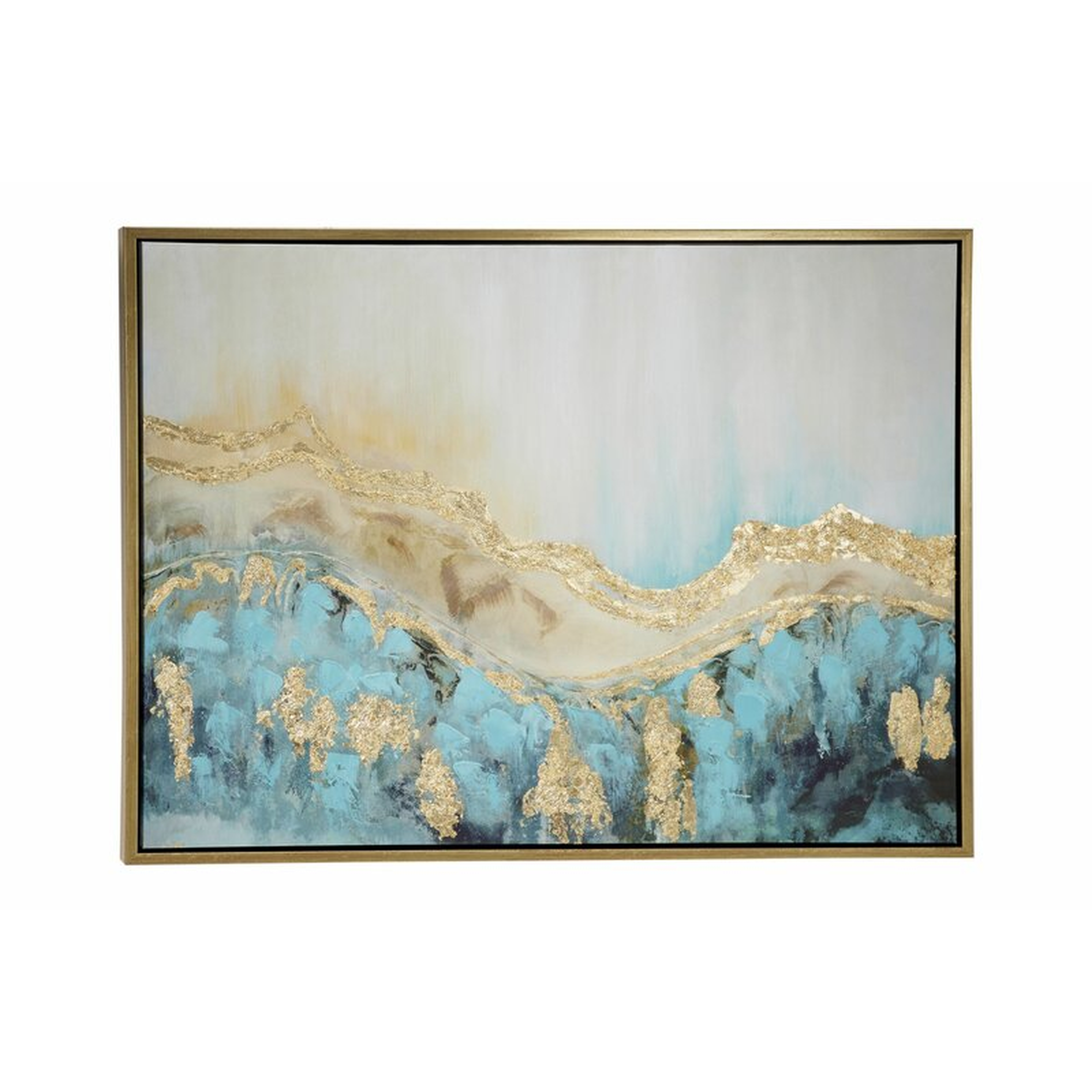 47.5” x 35.5” Large Turquoise & Gold Contemporary Abstract Painting in Metallic Gold Wood Frame - Wayfair