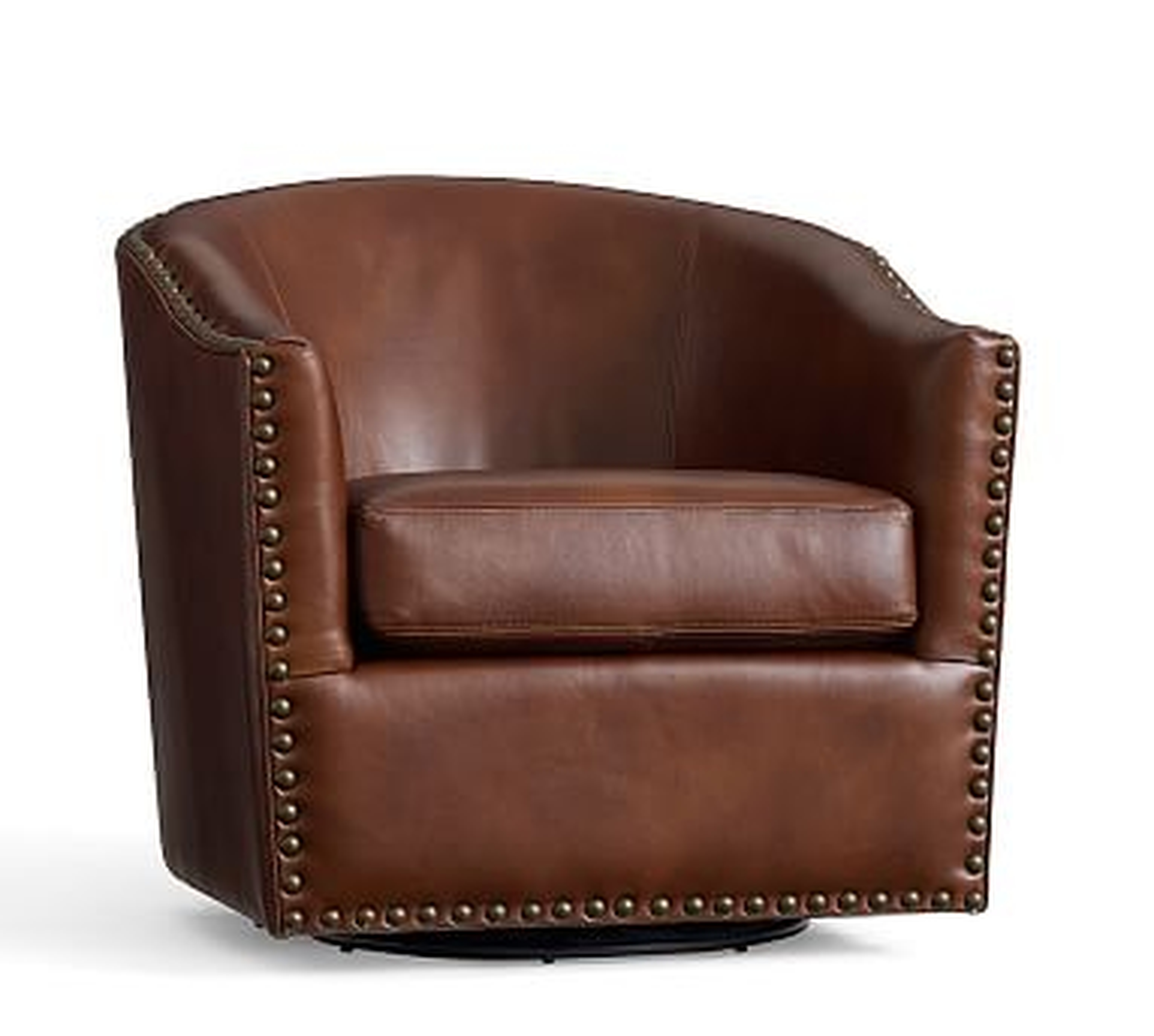 Harlow Leather Swivel Armchair with Bronze Nailheads, Polyester Wrapped Cushions, Statesville Molasses - Pottery Barn