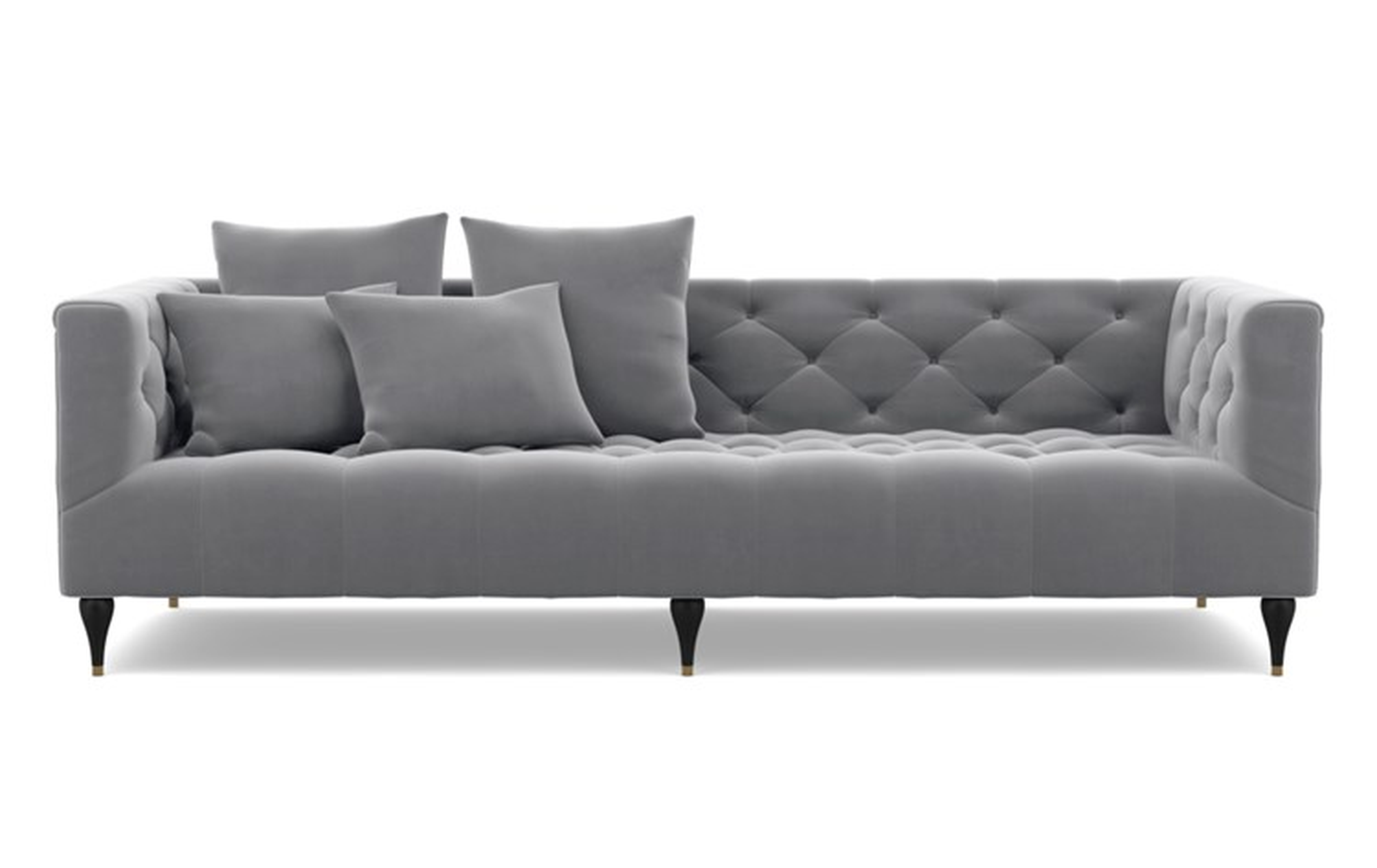 MS. CHESTERFIELD Fabric Sofa, 106'', Elephant Mod Velvet, Matte Black with Brass Cap Stiletto Leg - Interior Define