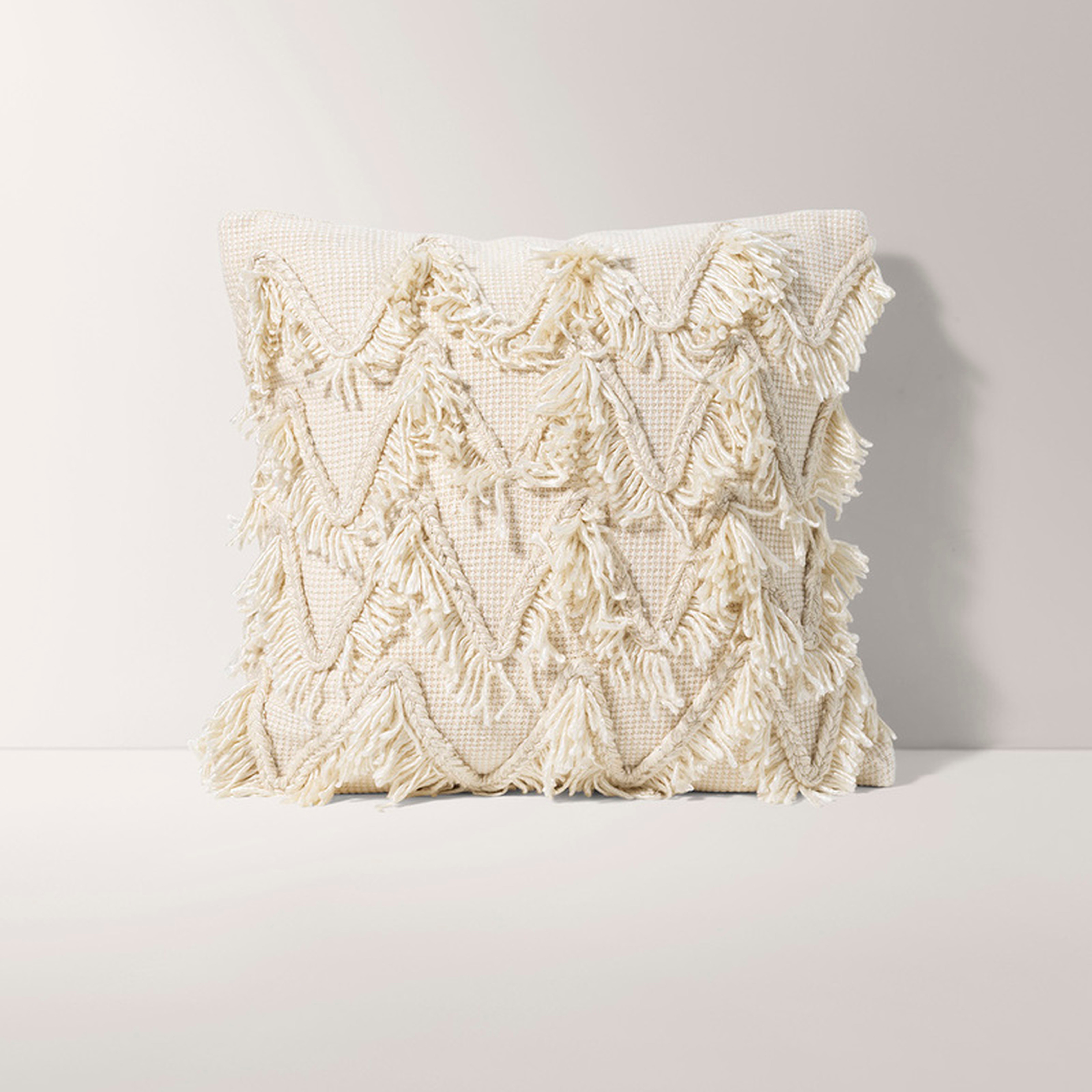 Burrow Ivory White Chevron Square Throw Pillow, Fringed Pattern - Decorative Pillows - Burrow