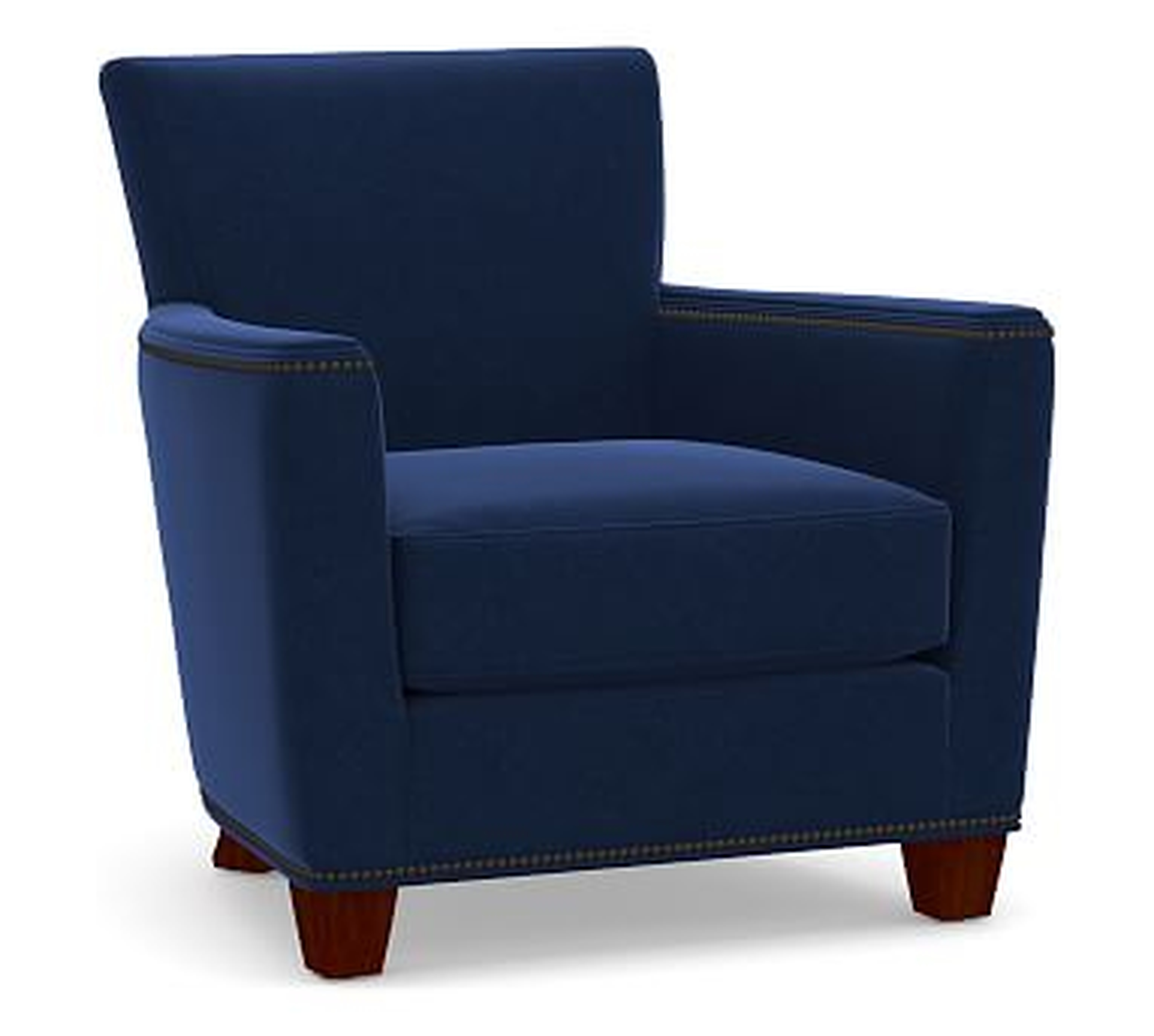 Irving Square Arm Upholstered Armchair with Bronze Nailheads, Polyester Wrapped Cushions, Performance Everydayvelvet(TM) Navy - Pottery Barn