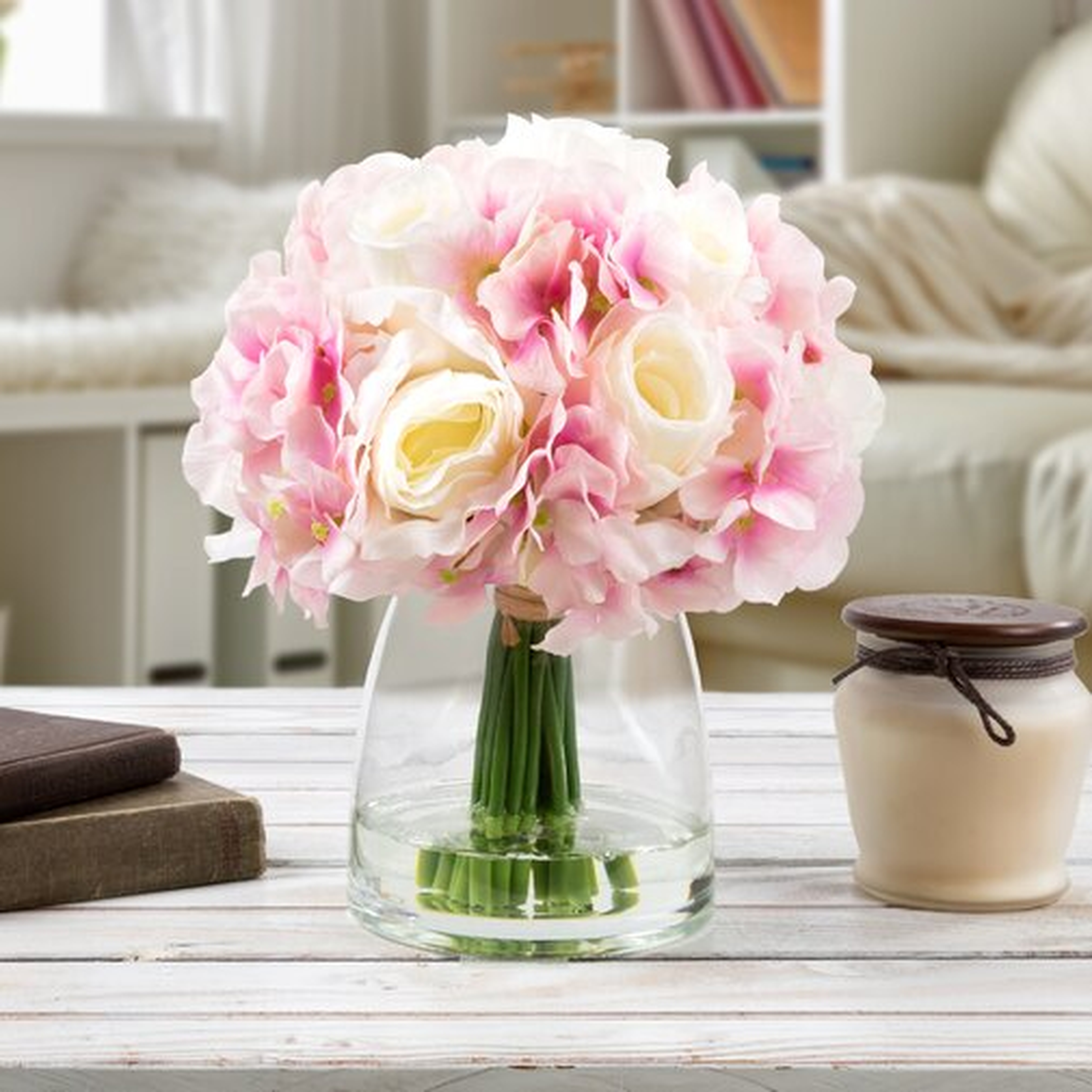 Hydrangea and Rose Floral Arrangement in Glass Vase - Wayfair