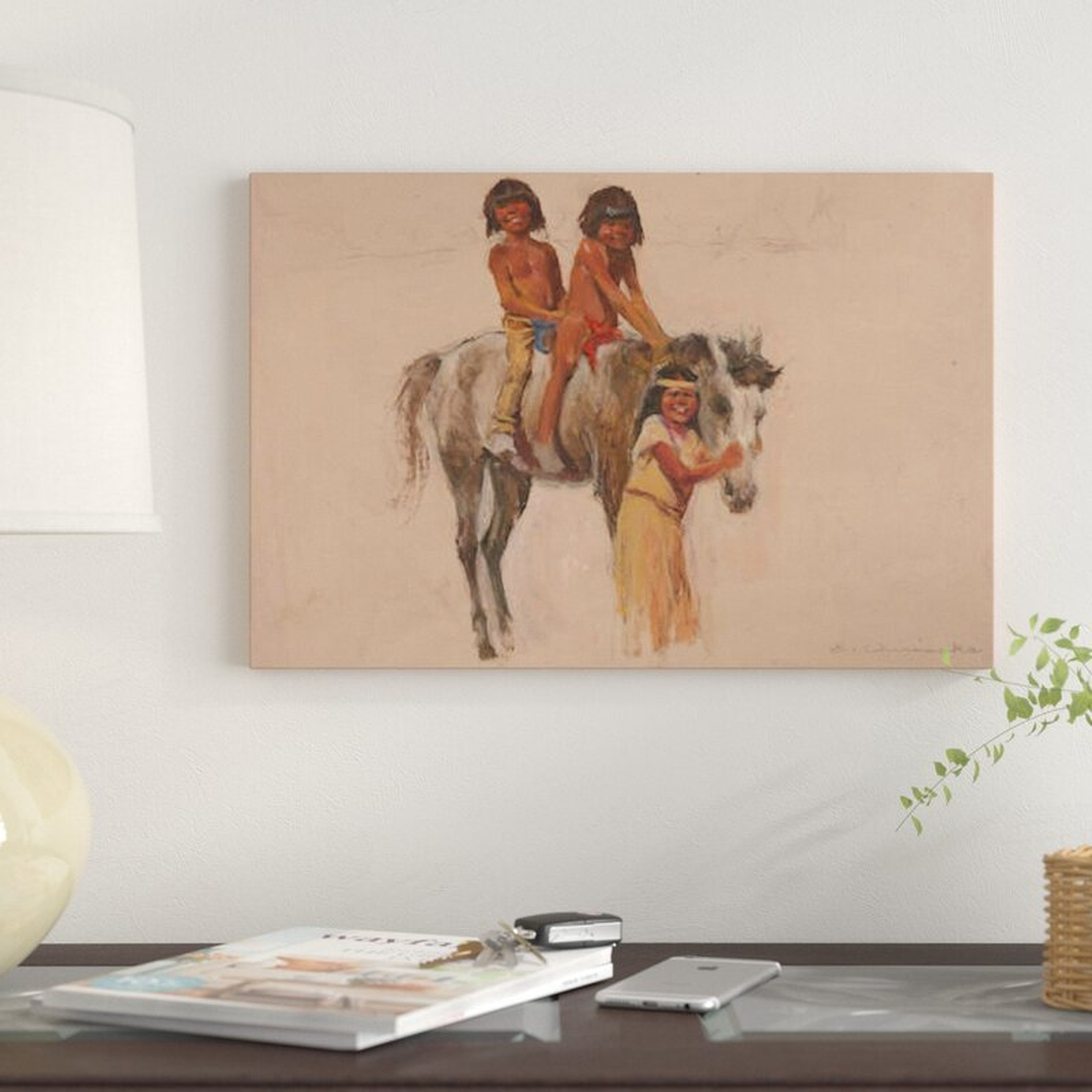26" x 40" x 0.75" Brown/Gray 'Native American Children With Pony' by Ernest Chiriacka Graphic Art Print on Wrapped Canvas - Wayfair