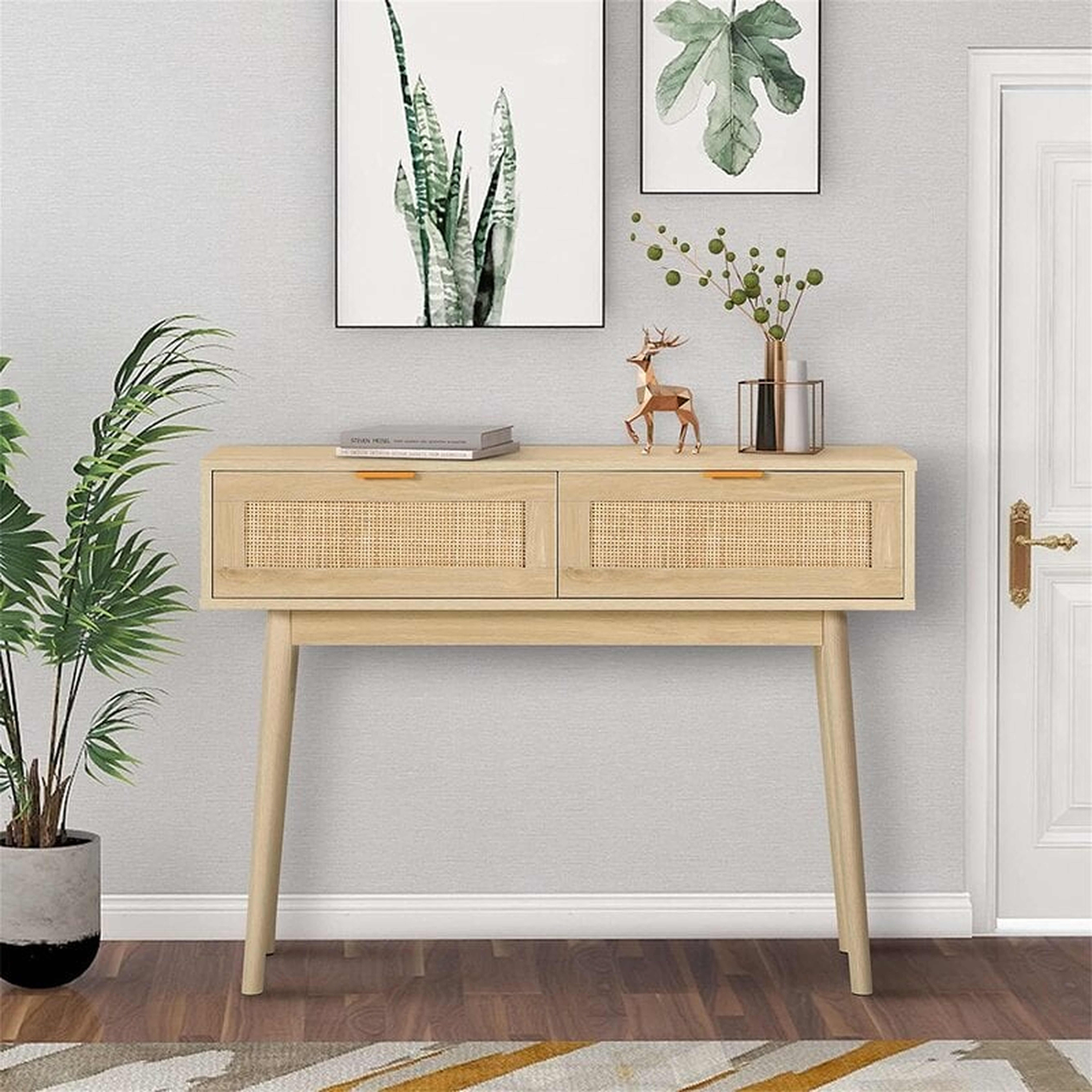 Console Table, Oak Grain Sofa Table With Wood Frame, Rustic Hallway Table With 2 Bamboo Weaving Storage Drawers For Foyer Living Room Entryway - Wayfair