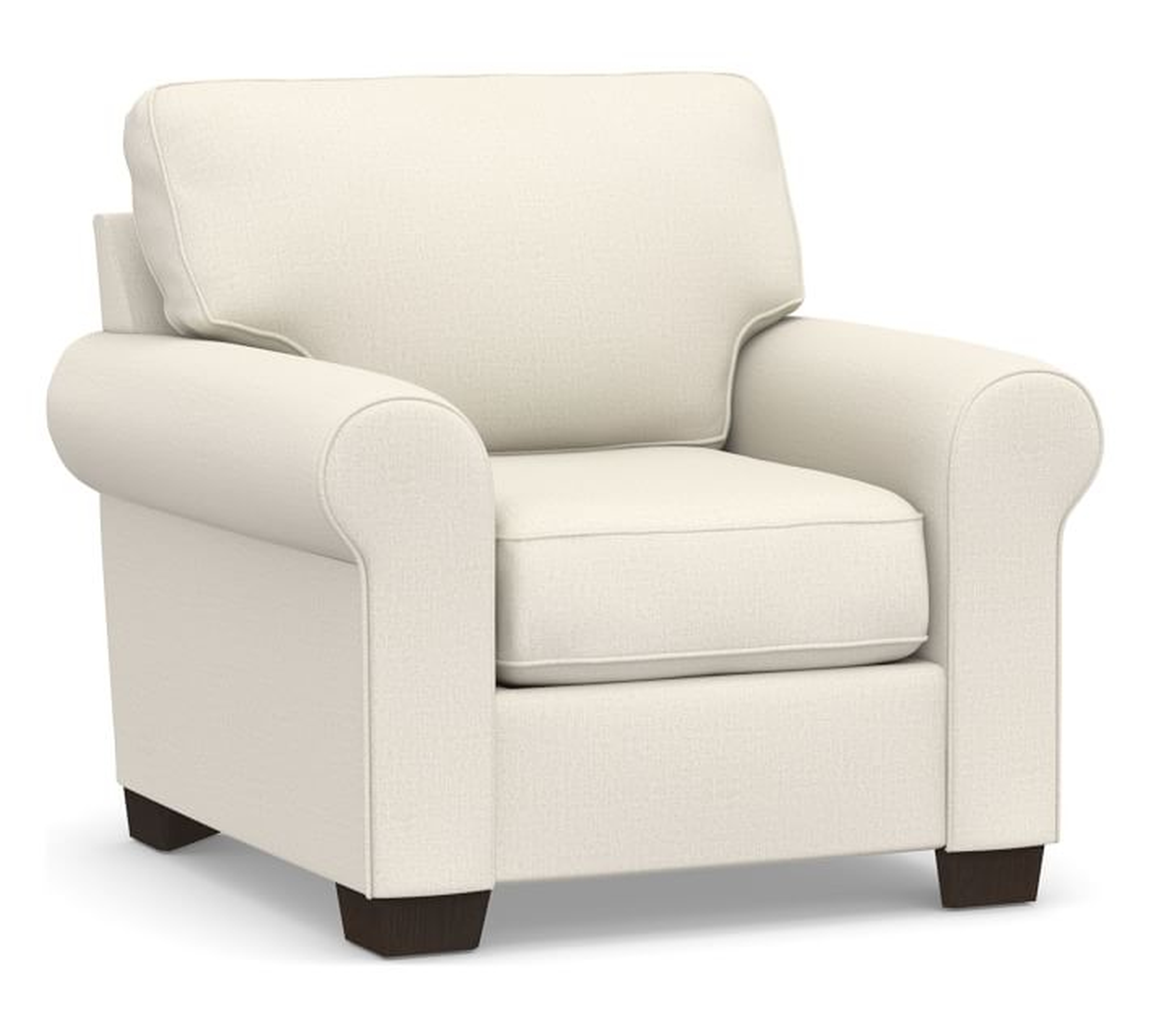 Buchanan Roll Arm Upholstered Armchair, Polyester Wrapped Cushions, Performance Heathered Tweed Ivory - Pottery Barn