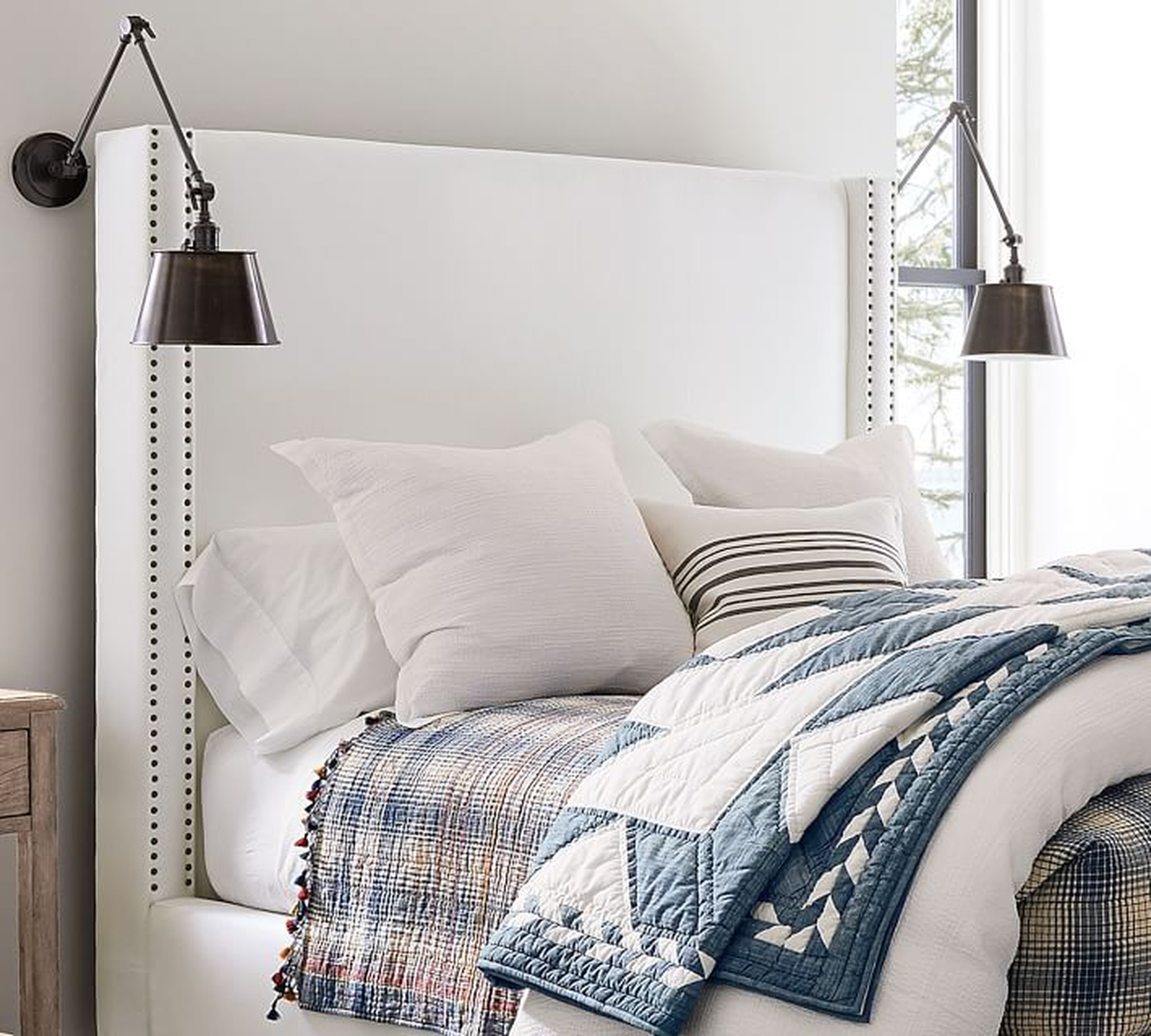 Harper Upholstered Non-Tufted Tall Bed without Nailheads, Queen, Basketweave Slub Ivory - Pottery Barn