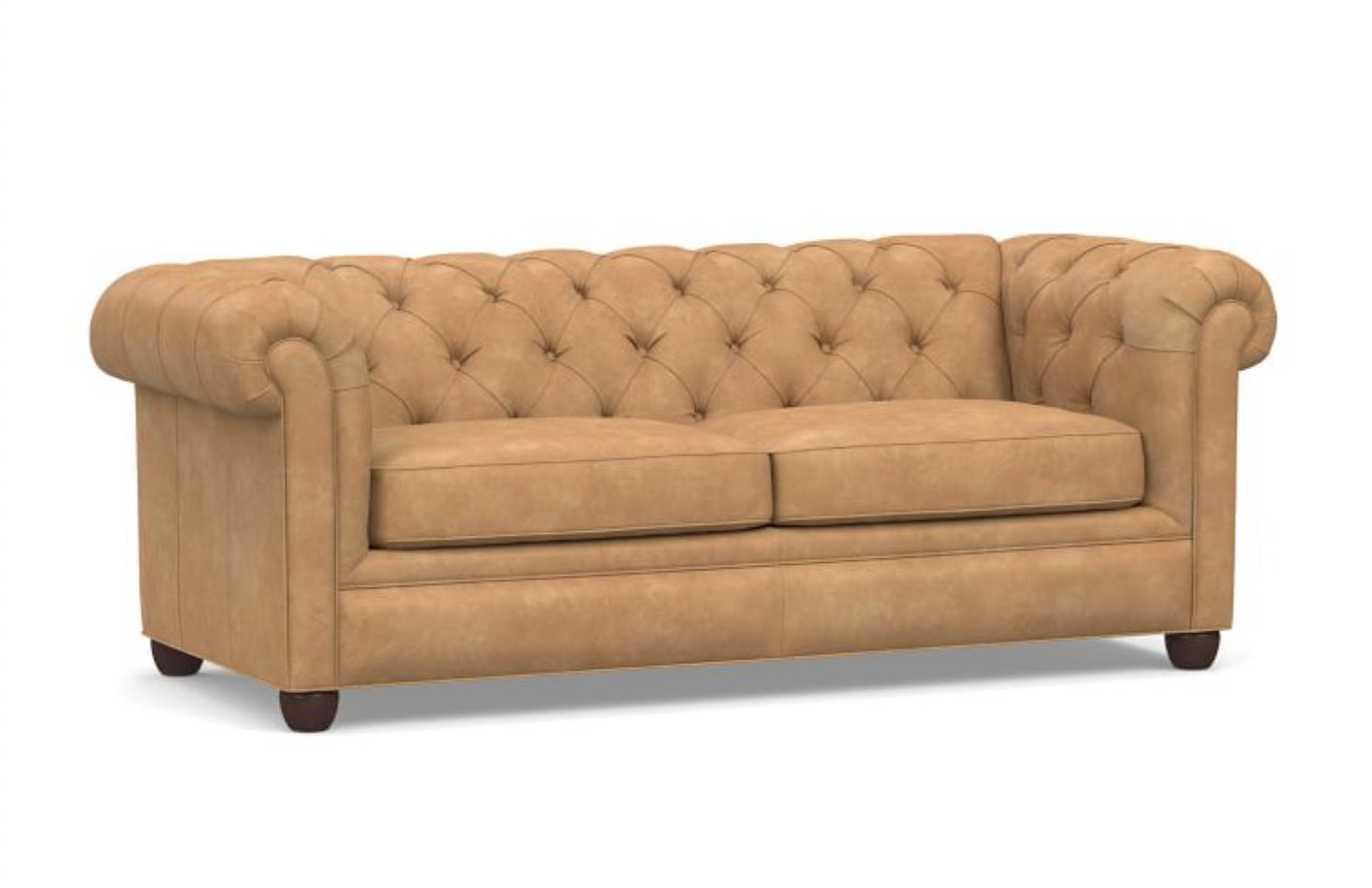 Chesterfield Roll Arm Leather Sofa 86", Polyester Wrapped Cushions, Nubuck Fawn - Pottery Barn
