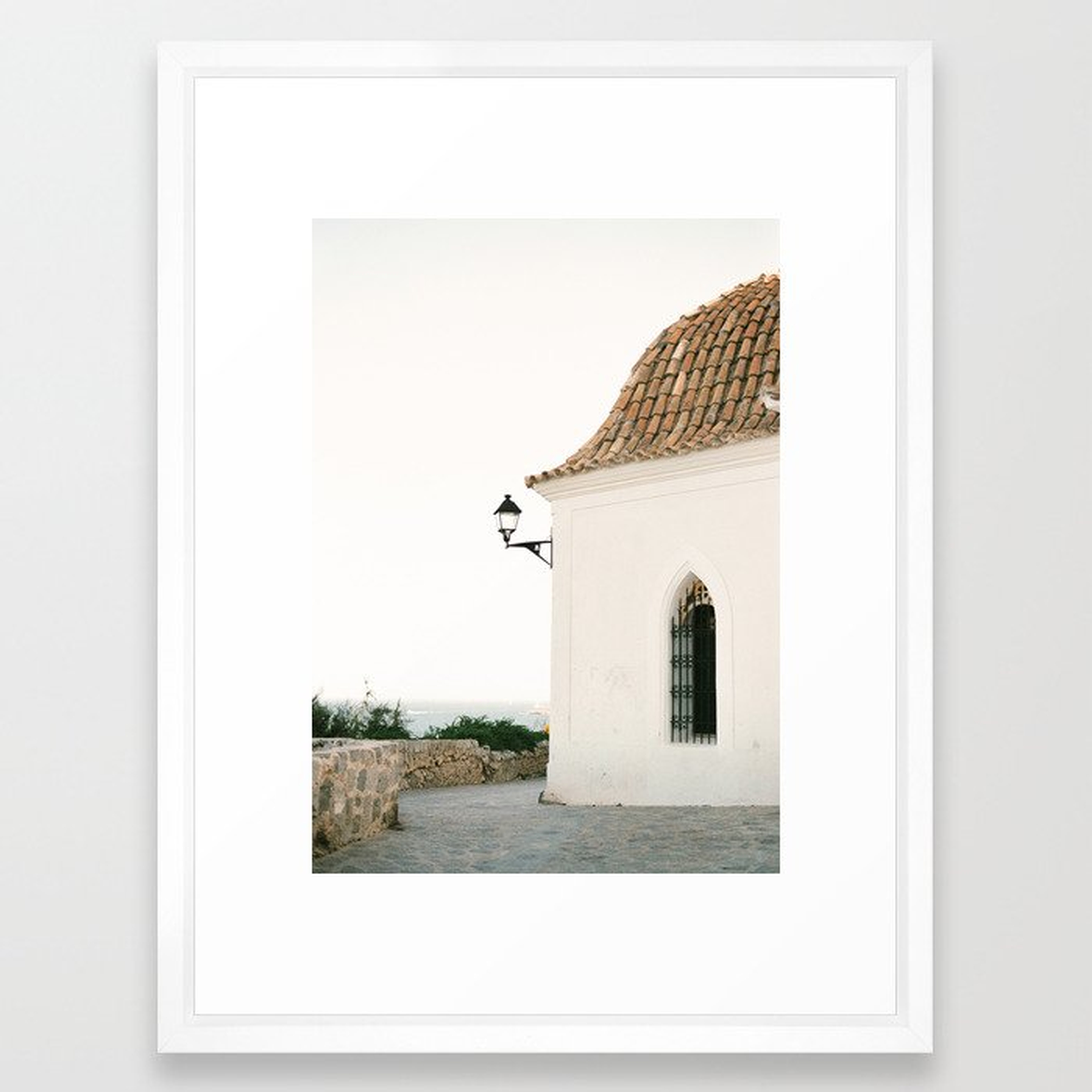 Travel photography “Ibiza white” | Modern wall art Ibiza Spain coast white tones sunset Framed Art Print - Society6