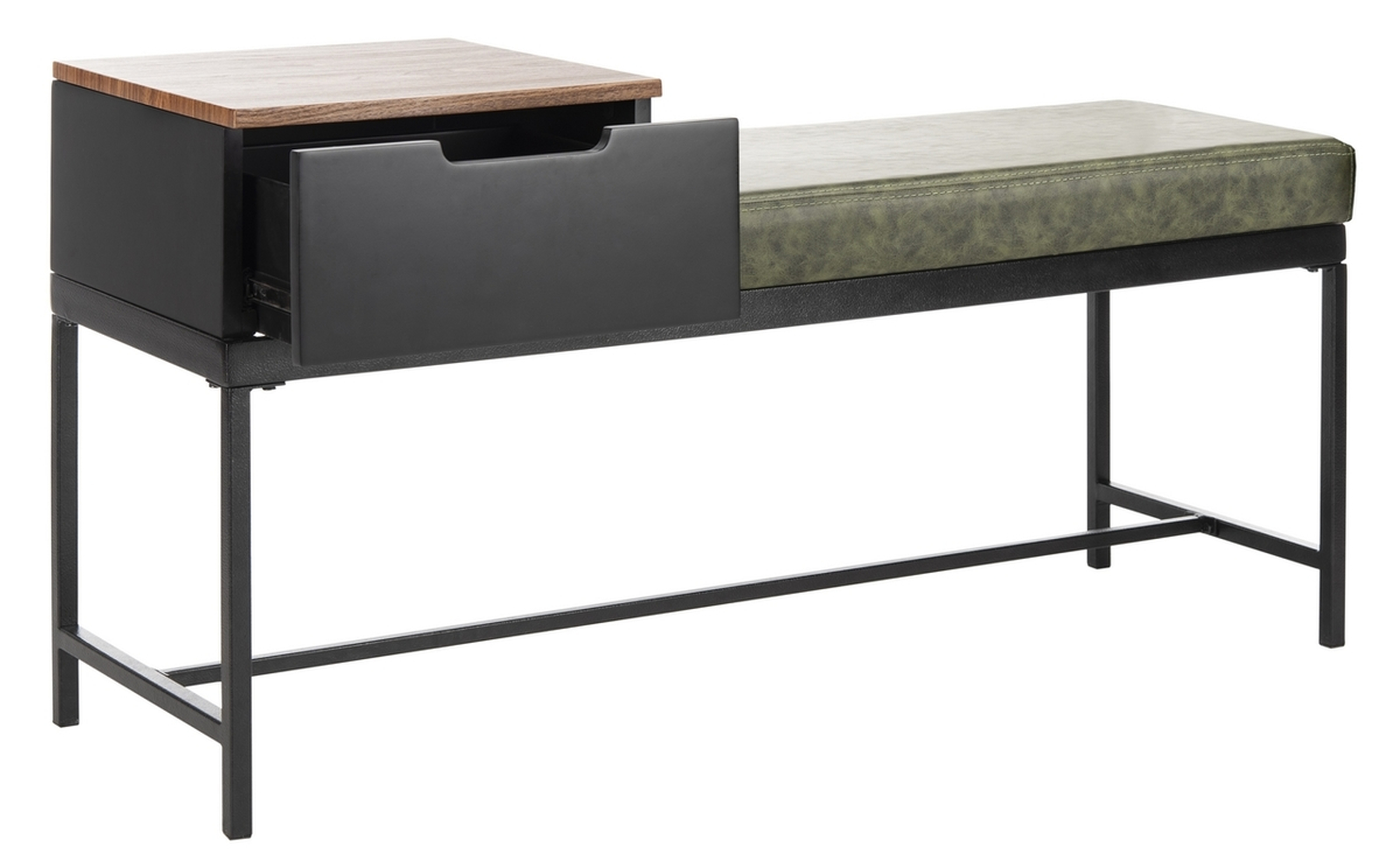 Maruka Bench With Storage - Grey Wash/Dark Green - Safavieh - Safavieh