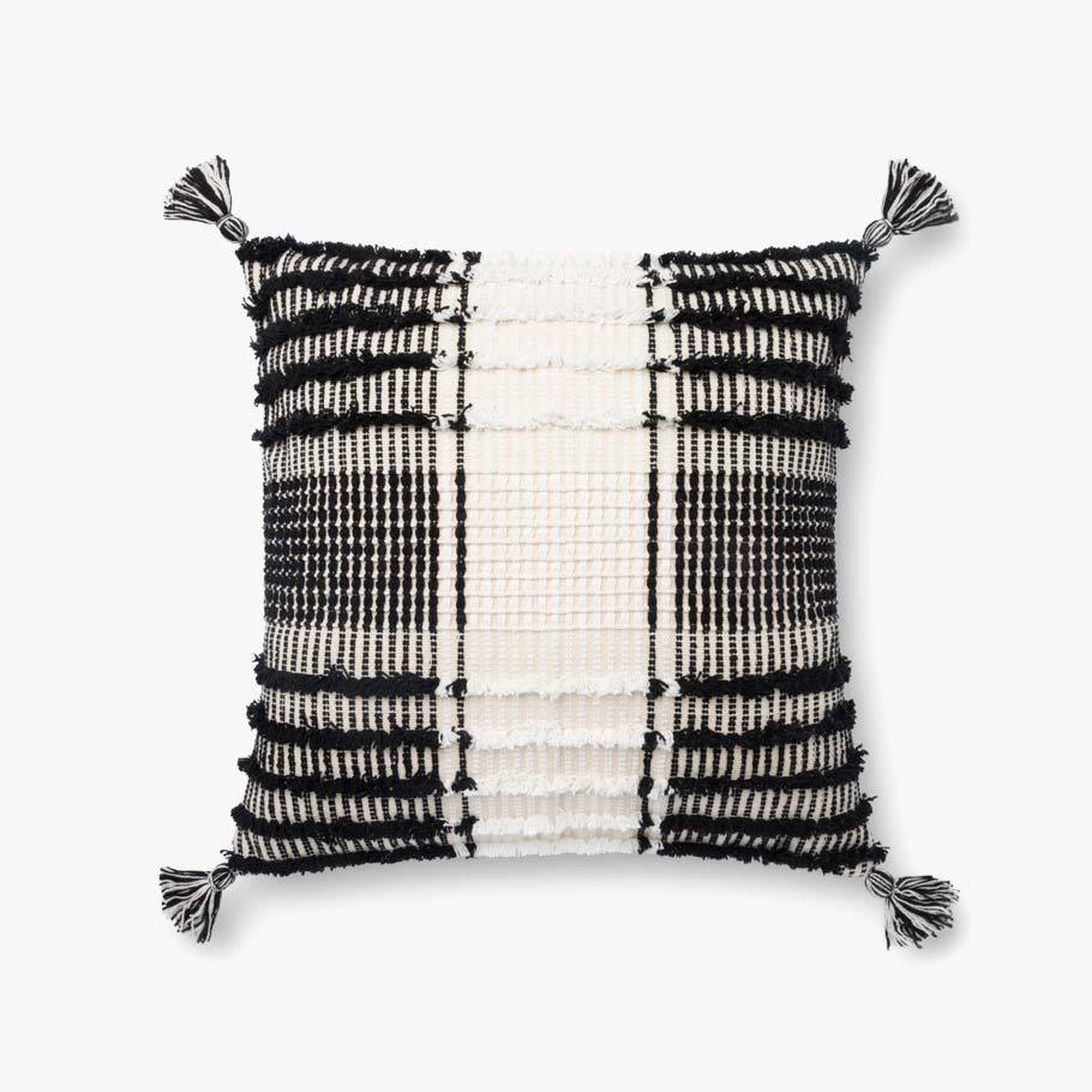 Striped Tassel Throw Pillow with Polyfill, Black & White, 18" x 18" - Loloi Rugs