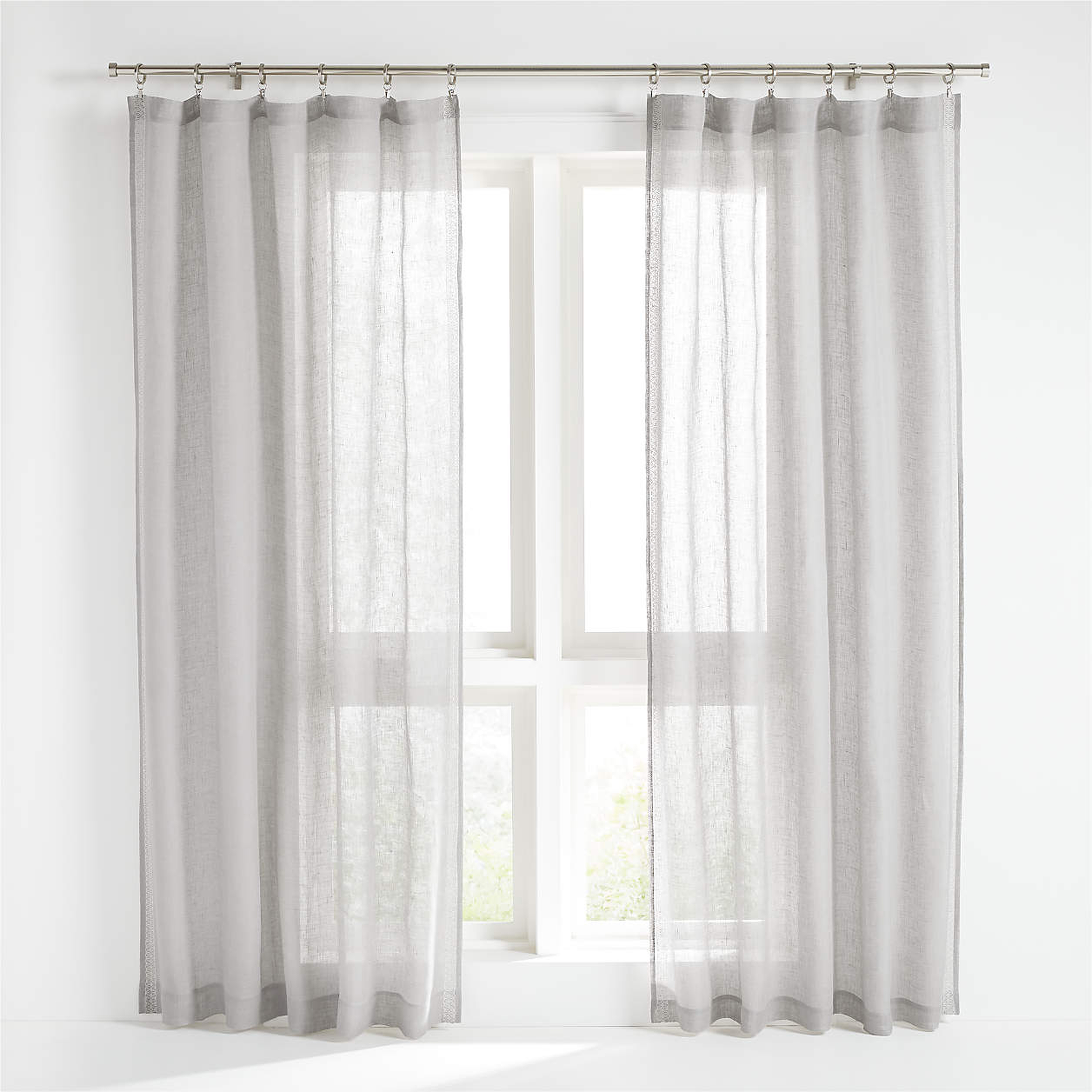 Linen Sheer Bordered Grey Curtain Panel, 52"x96" - Crate and Barrel