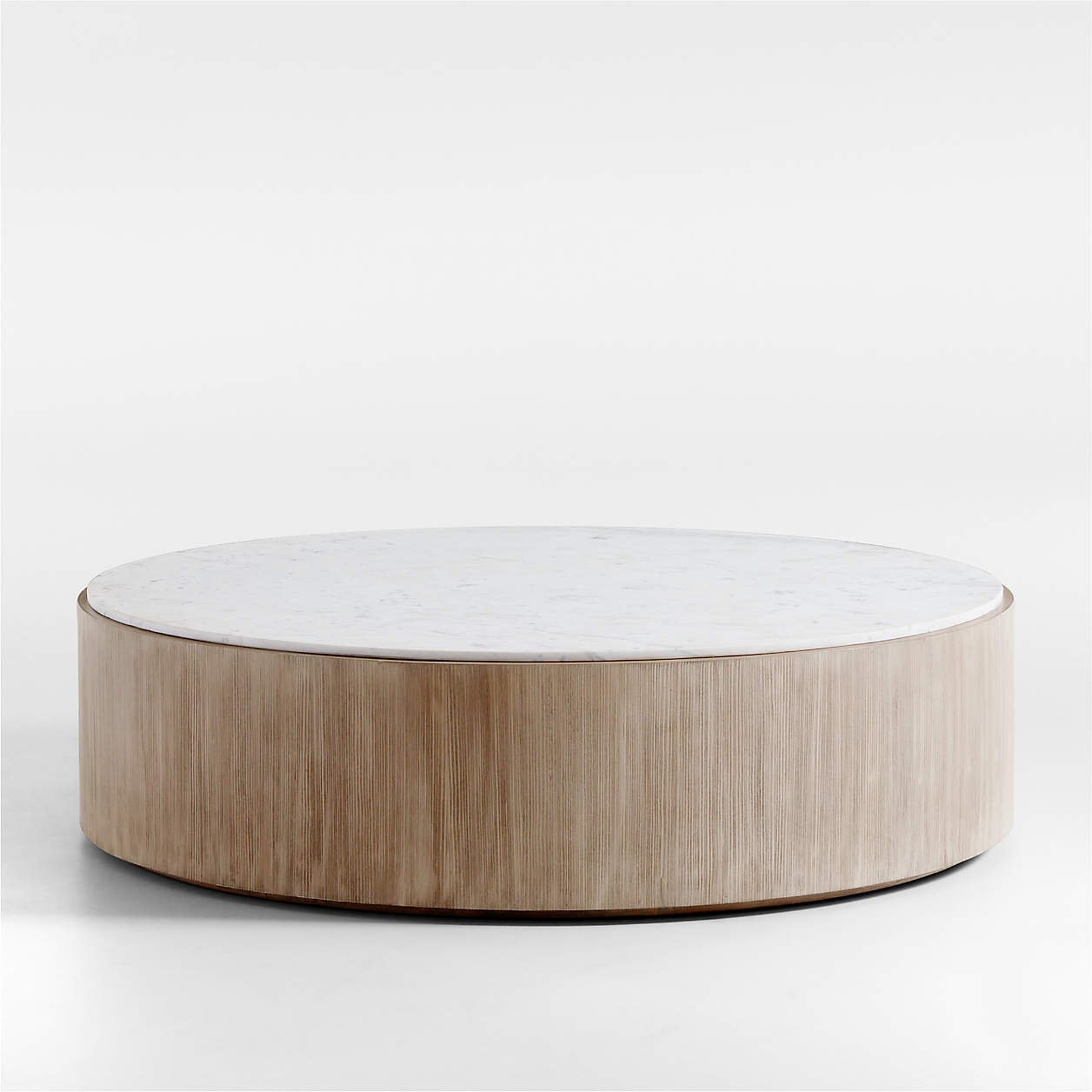 Troupe Marble and Natural Pine Wood 56" Round Coffee Table - Crate and Barrel