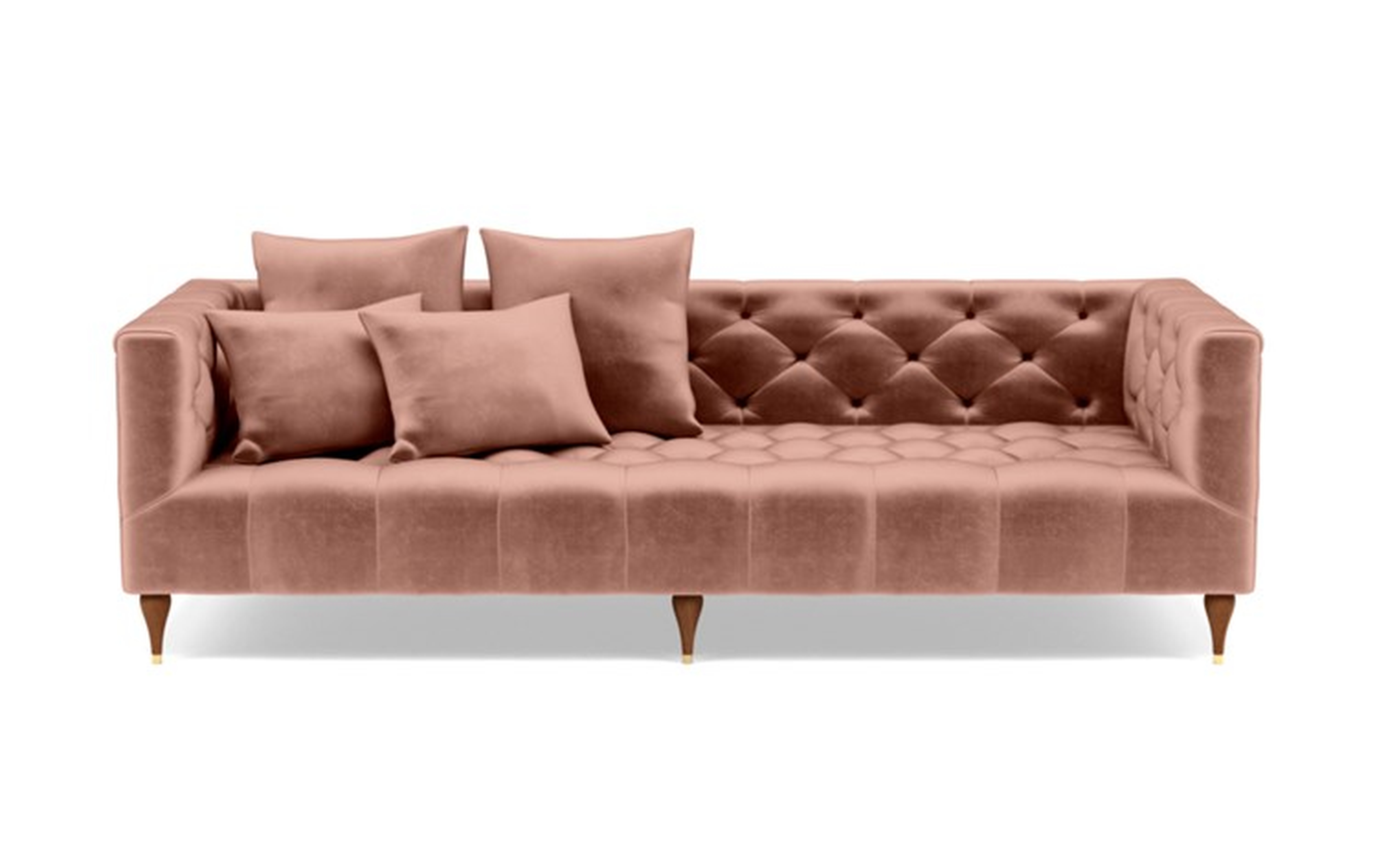 Ms. Chesterfield Sofa in Blush Fabric with Oiled Walnut with Brass Cap legs - Interior Define