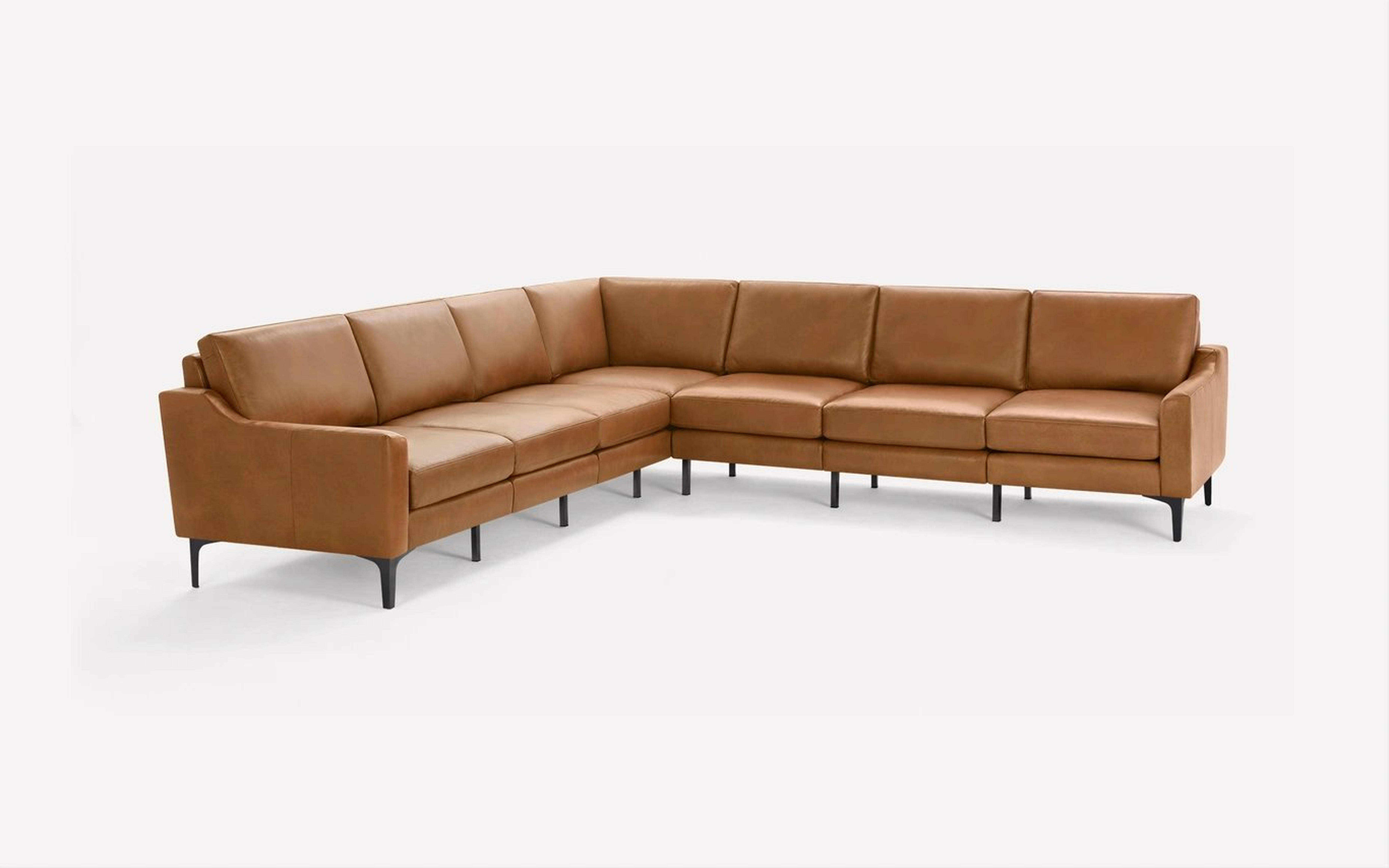 The Slope Nomad Leather 7-Seat Corner Sectional in Camel, Slope Arm, Metal Leg - Burrow