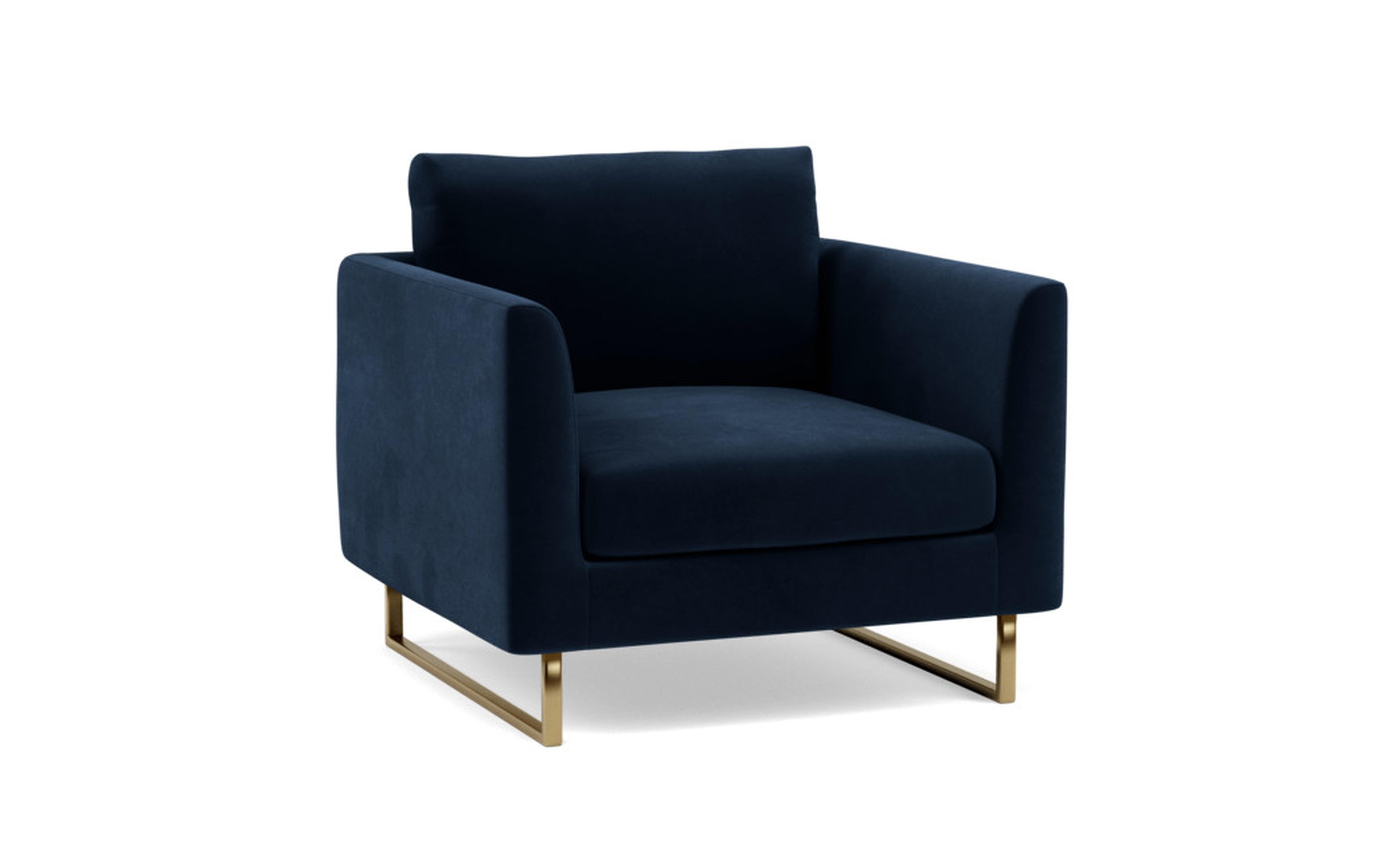 Owens Accent Chair with Blue Navy Fabric, down alternative cushions, and Matte Brass legs - Interior Define