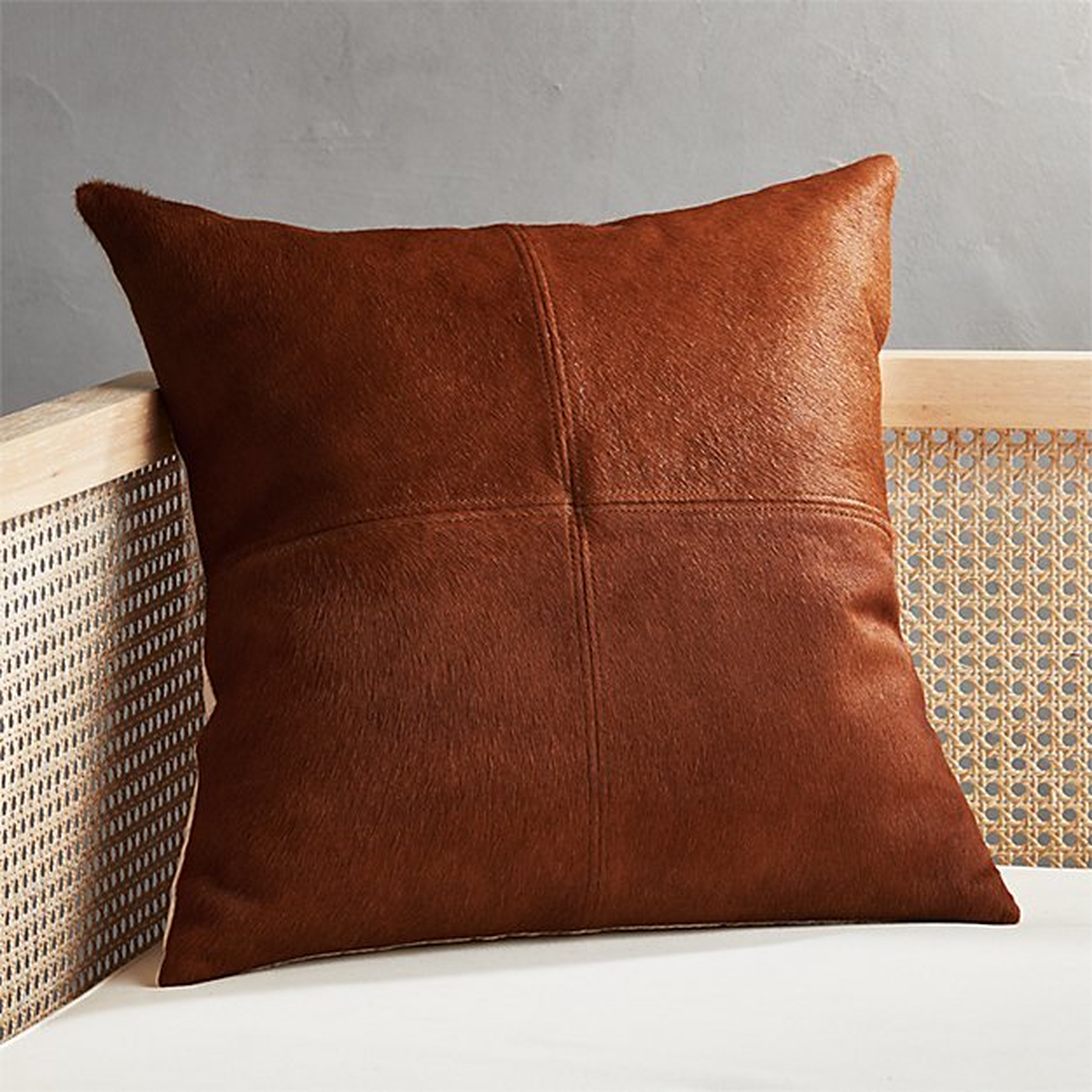 18" LIGHT BROWN COWHIDE PILLOW WITH FEATHER-DOWN INSERT - CB2